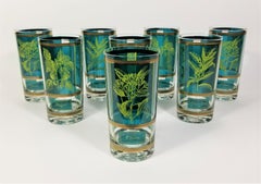Cera 1960s Mid-Century Glassware Barware 22K Gold Herb Motif Set of 8