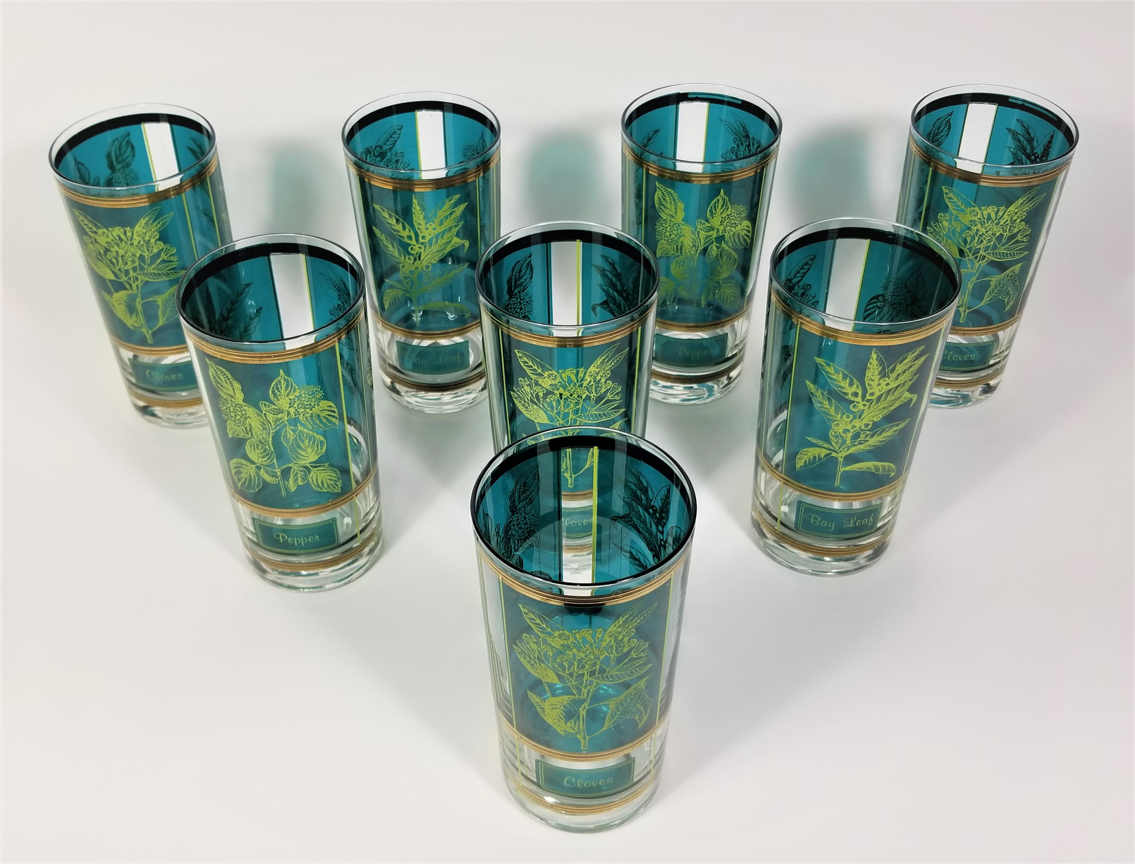 Cera 1960s Mid-Century Glassware Barware 22K Gold Herb Motif Set of 8 In Excellent Condition For Sale In New York, NY