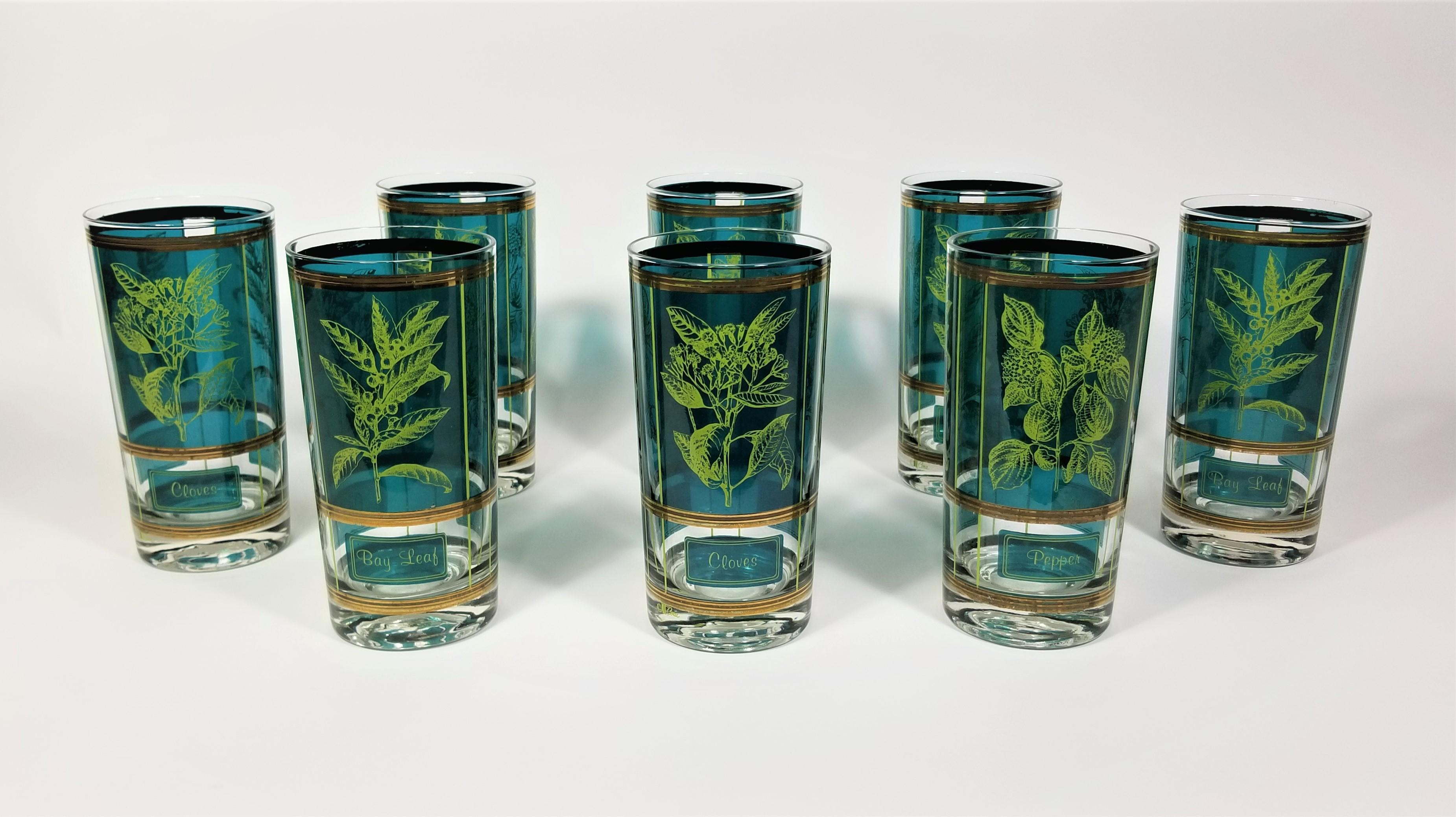 20th Century Cera 1960s Mid-Century Glassware Barware 22K Gold Herb Motif Set of 8 For Sale