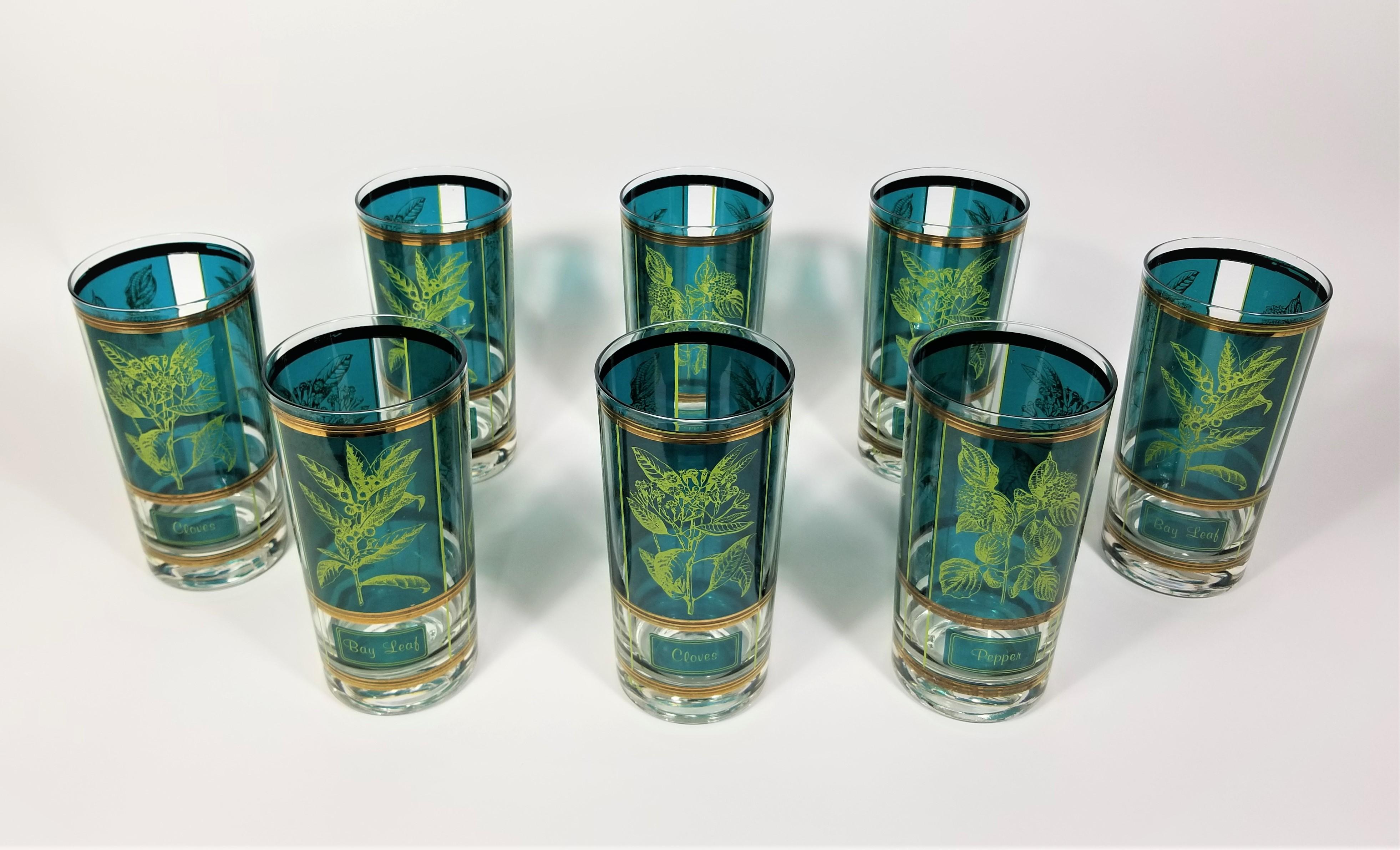 Cera 1960s Mid-Century Glassware Barware 22K Gold Herb Motif Set of 8 For Sale 1