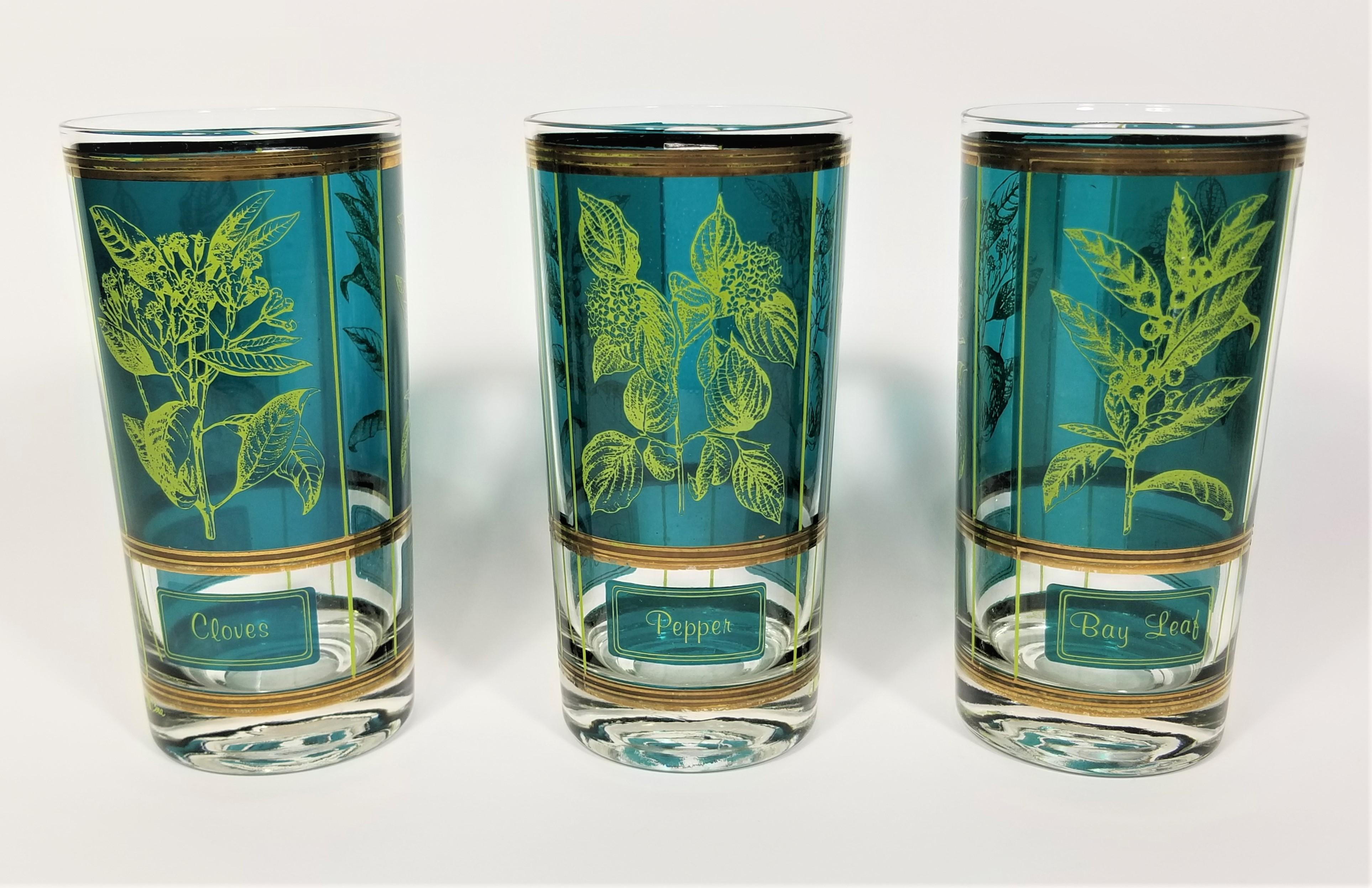 Cera 1960s Mid-Century Glassware Barware 22K Gold Herb Motif Set of 8 For Sale 2