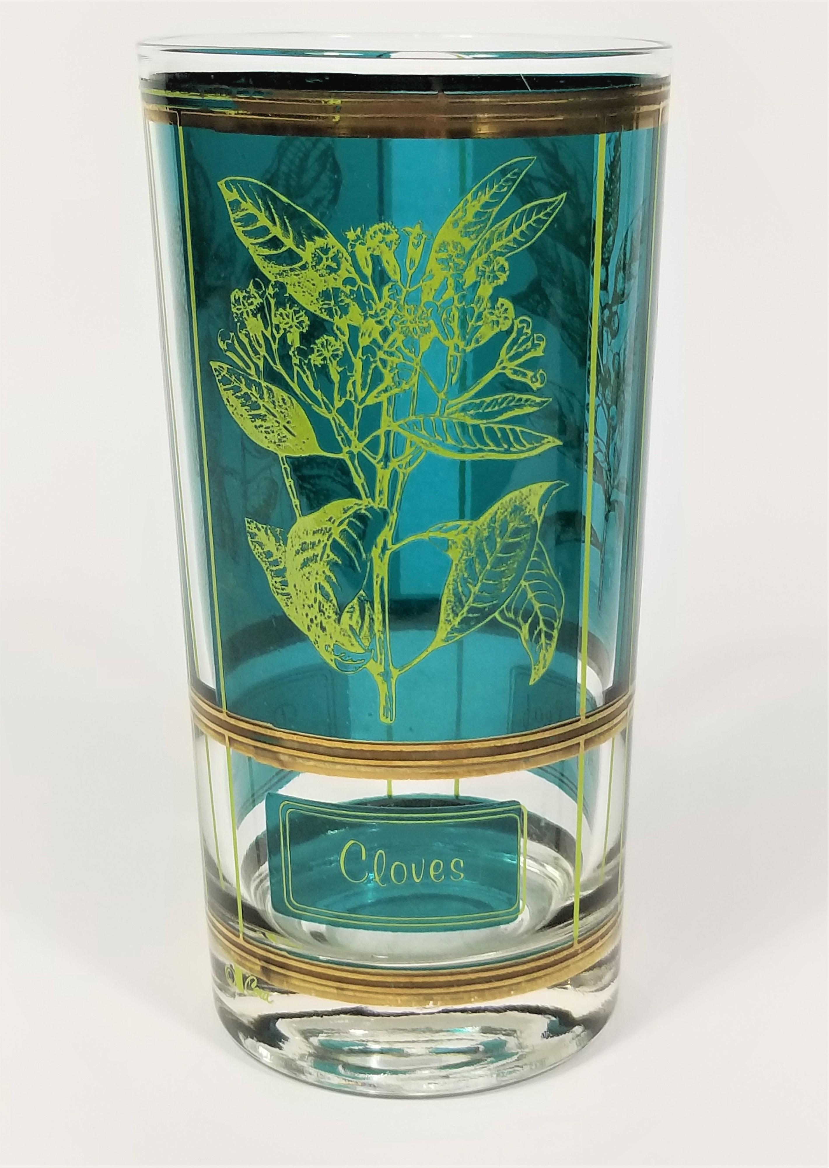 Cera 1960s Mid-Century Glassware Barware 22K Gold Herb Motif Set of 8 For Sale 4