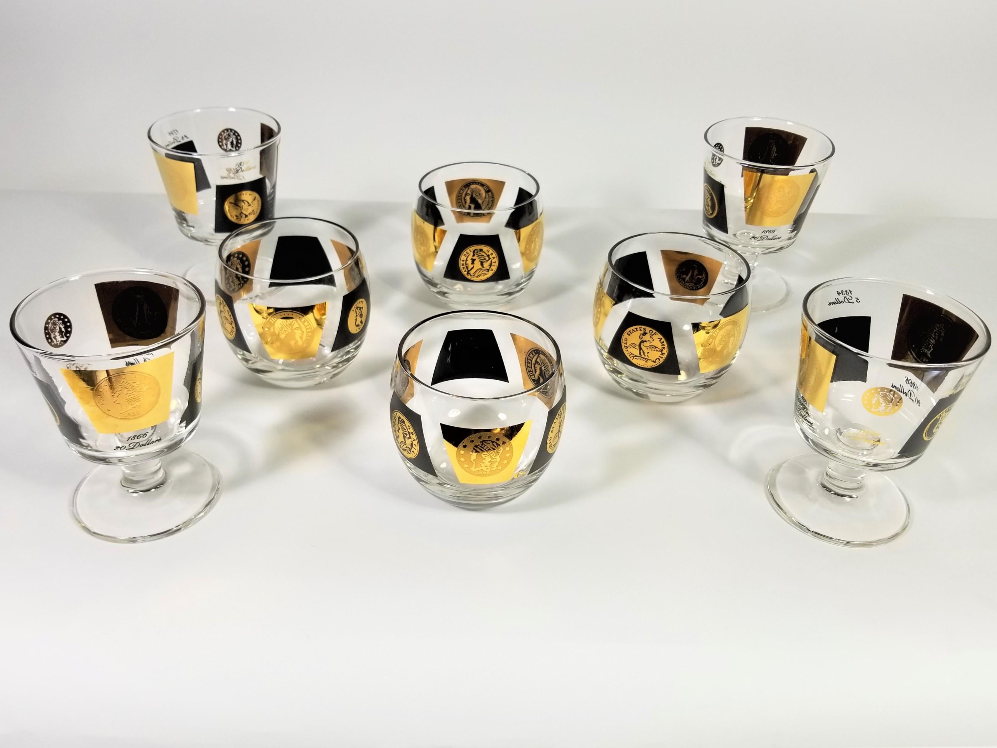 Cera 22-karat signed cocktail glasses. Classic black and gold coin motif. 4 roly poly rocks glasses and 4 stemmed martini/goblet glasses.

Measurements for glasses:
Roly poly diameter 3.5 inches
Roly poly height 3.25 inches

Stemmed