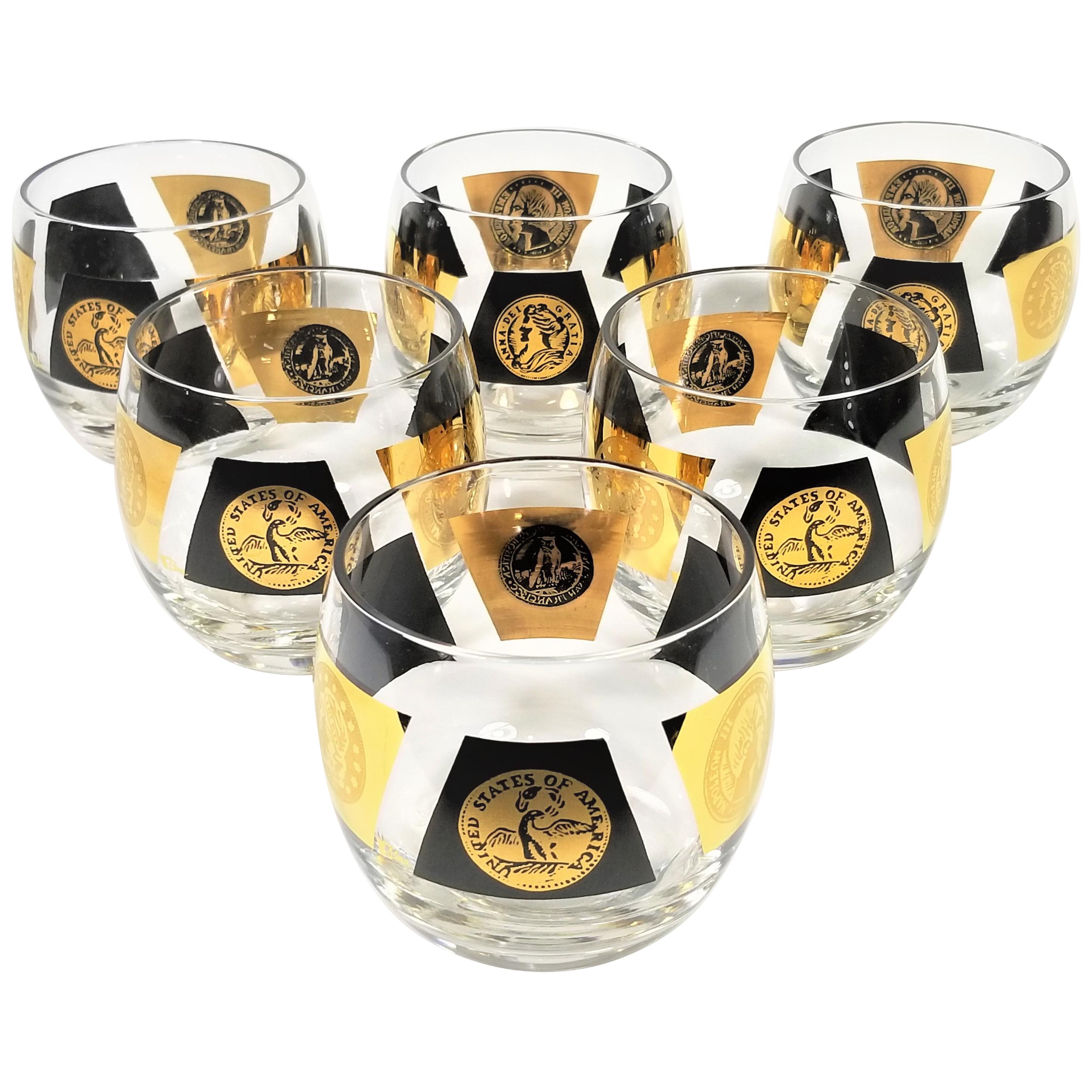 Cera 22-Karat Gold 1960s Midcentury Signed Glassware Barware Set of 6 For Sale