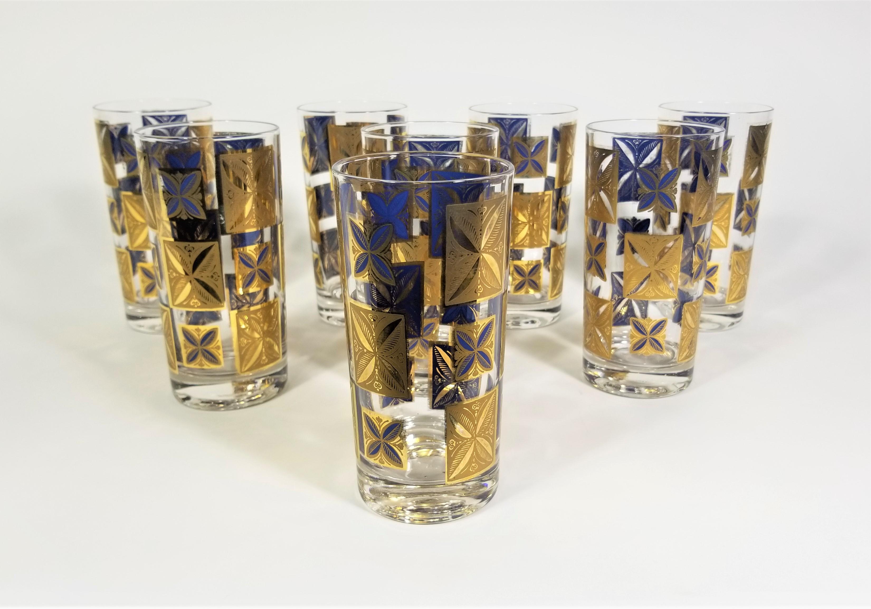 Mid-century 1960s Cera 22K Gold Glassware Barware. Blue accents. Signed Cera.  Set of 8.