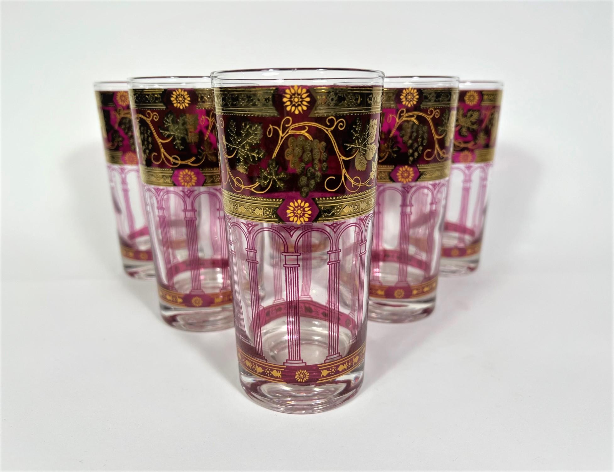 Mid century 22K gold cera glassware barware. Grape vine / grape leaf Greek roman design. All glasses are signed Cera. Set of 6.