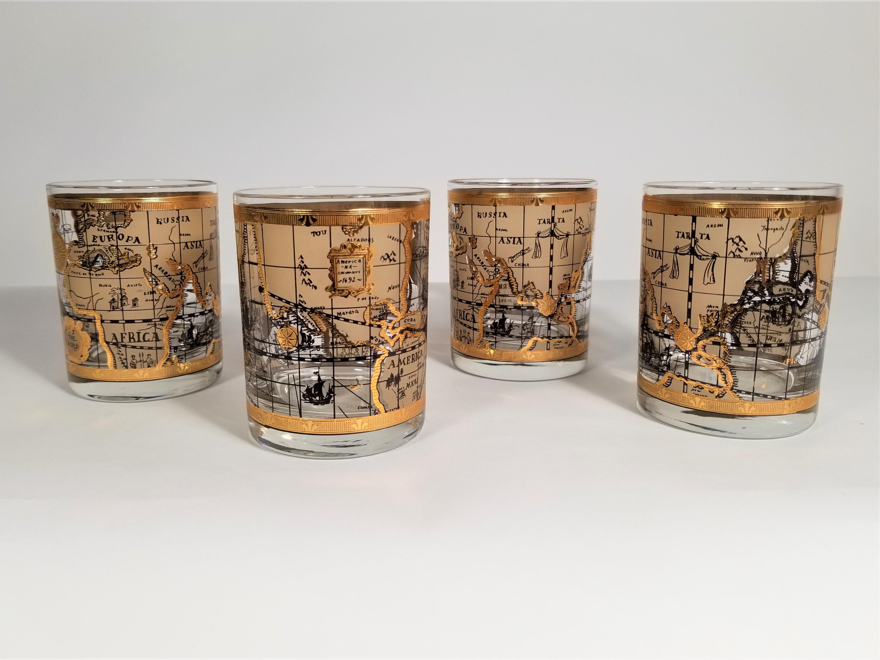 Midcentury Old World Atlas Map design by Cera with 22-karat accents. Set of 4 glasses. Excellent condition.
 
