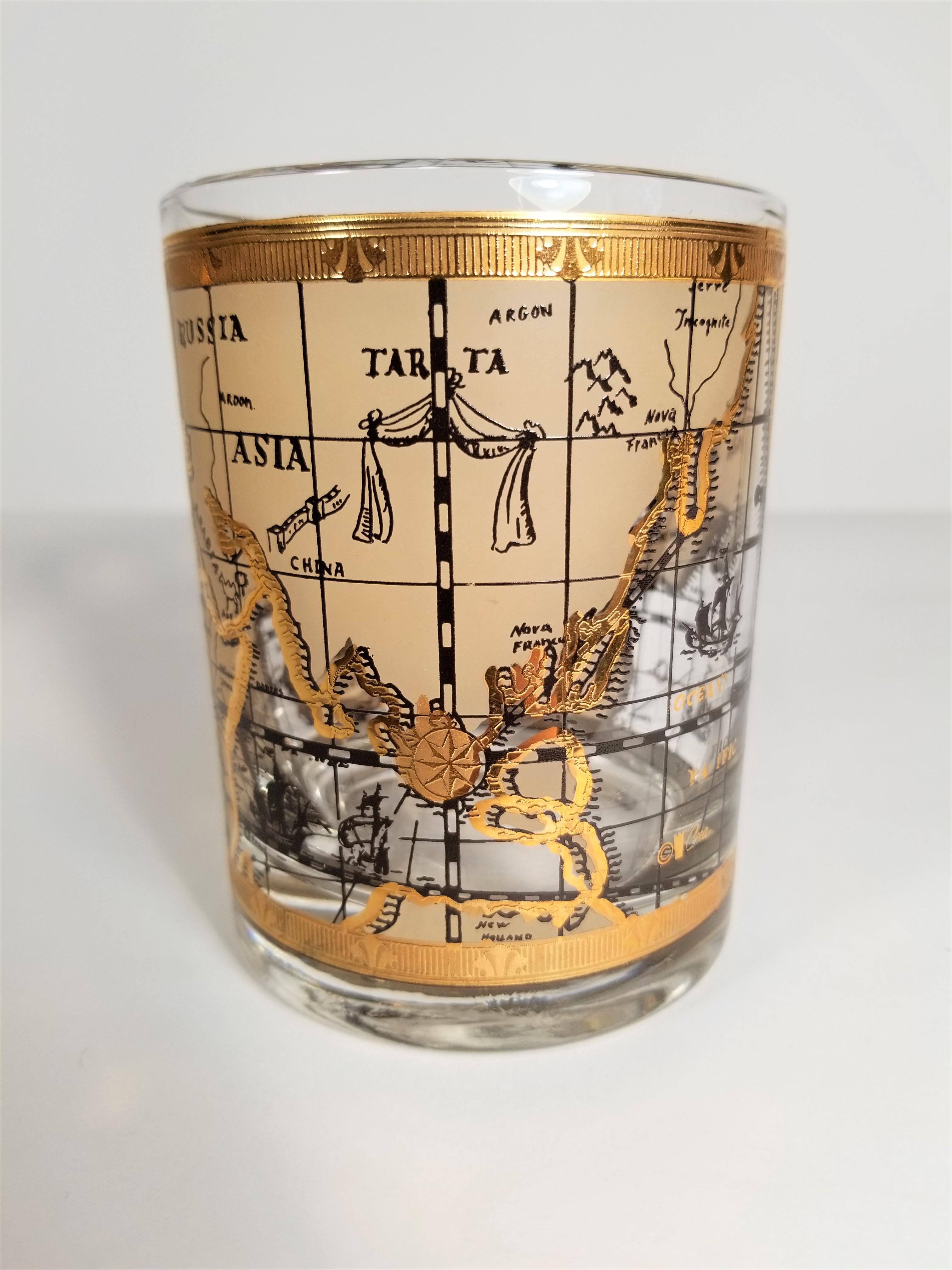 20th Century Cera 22-Karat Gold Old World Atlas Design Cocktail Glassware Barware, Set of 4
