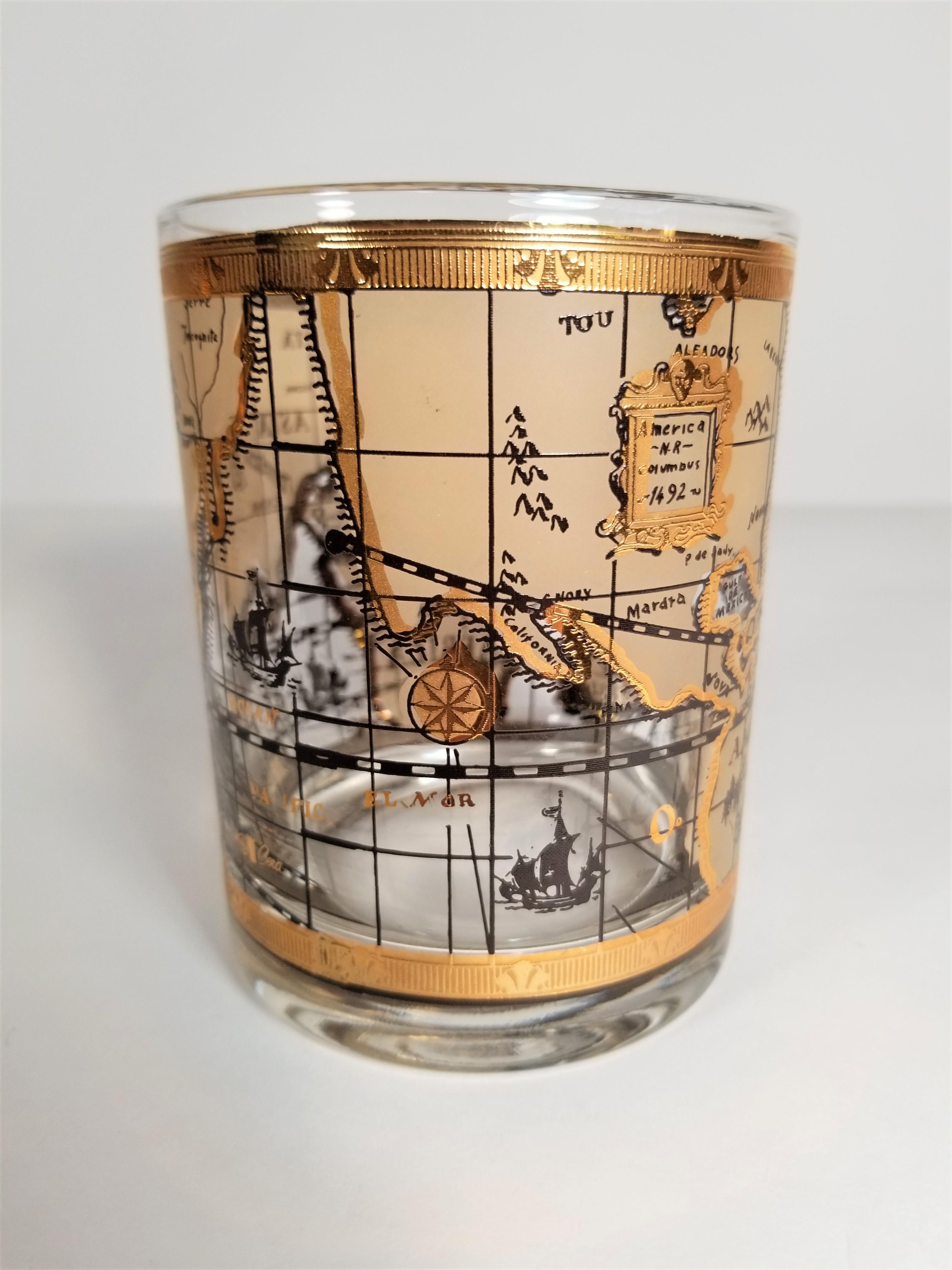 Cera 22-Karat Gold Old World Atlas Design Cocktail Glassware Barware, Set of 4 1