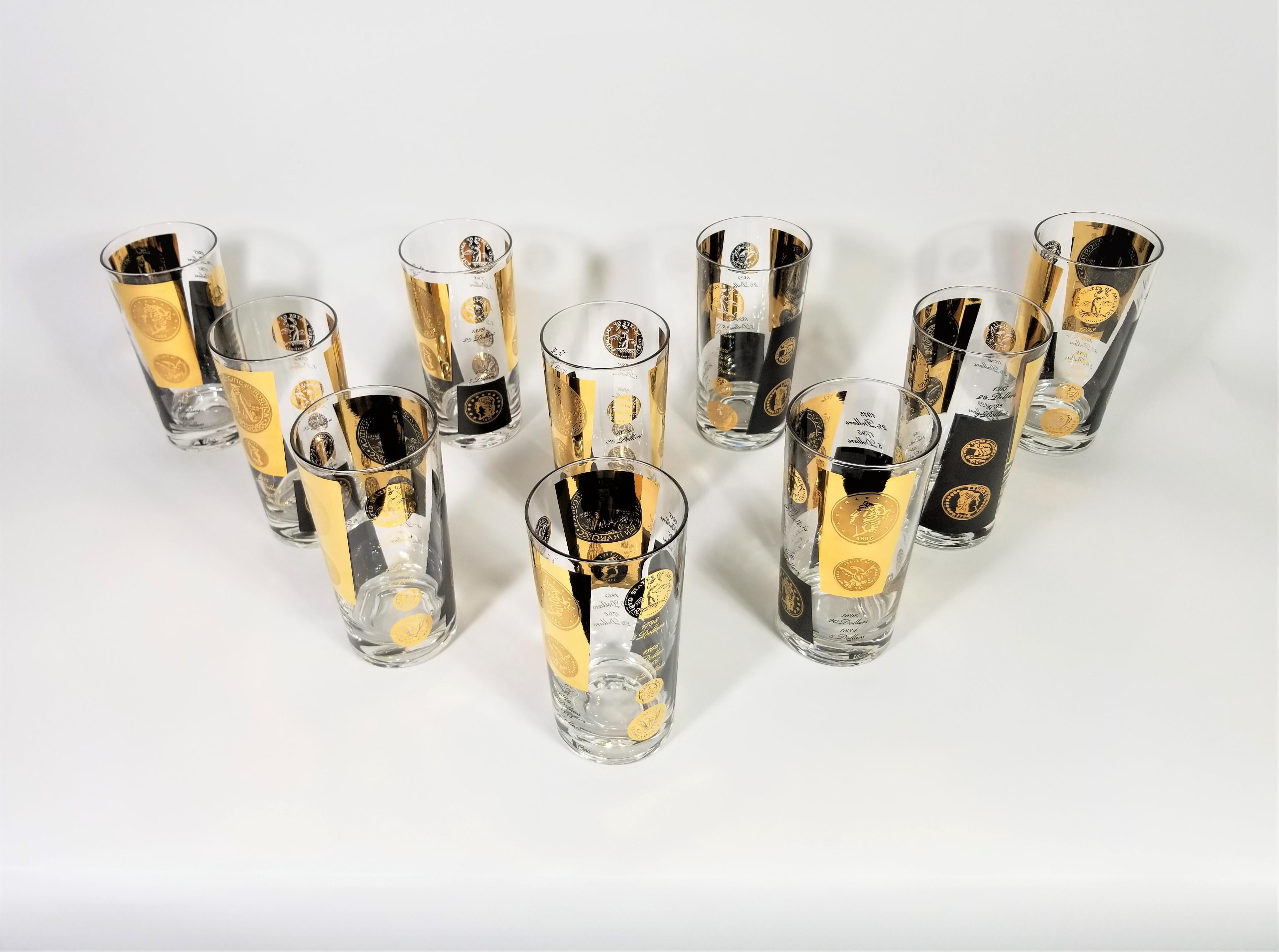 1960s midcentury Cera 22-karat gold signed glassware barware. Gold and black coin design. 
Perfect addition to any home bar or bar cart. All glasses are signed. Rare to have entire set of 10 in Excellent Condition. 