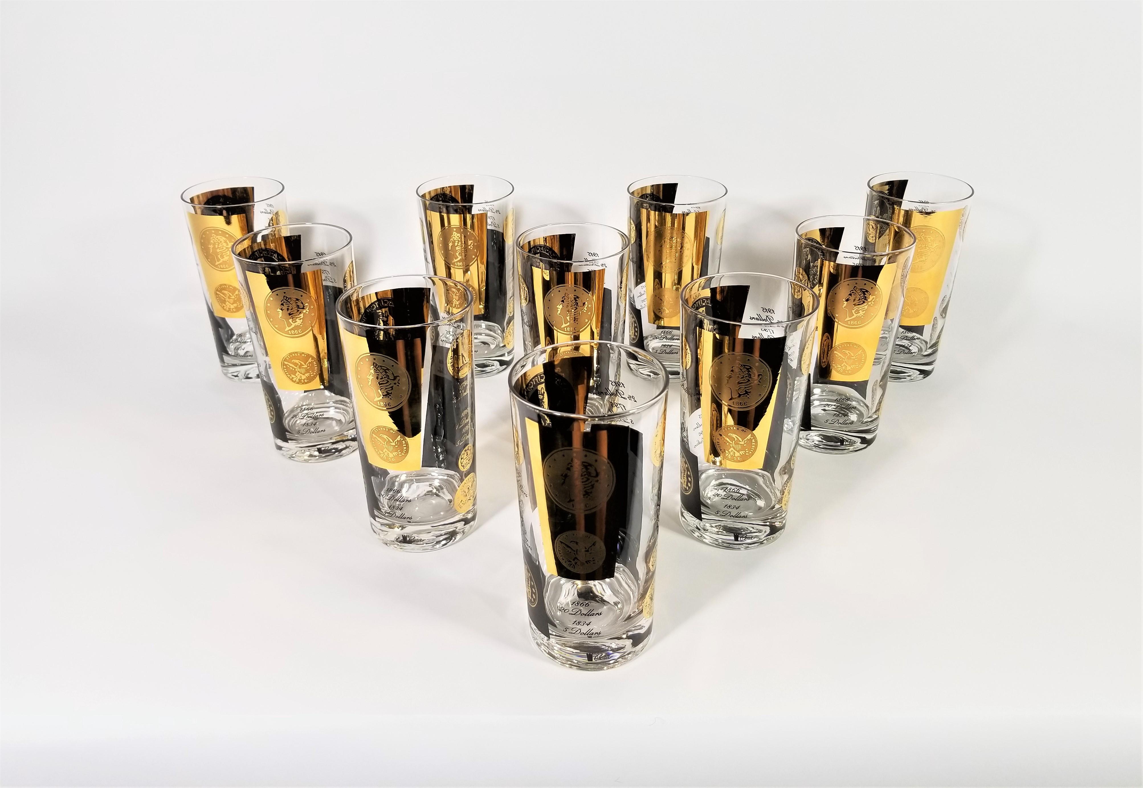 Cera 22-Karat Gold Signed Glassware Barware 1960s Midcentury Set of 10 In Excellent Condition For Sale In New York, NY
