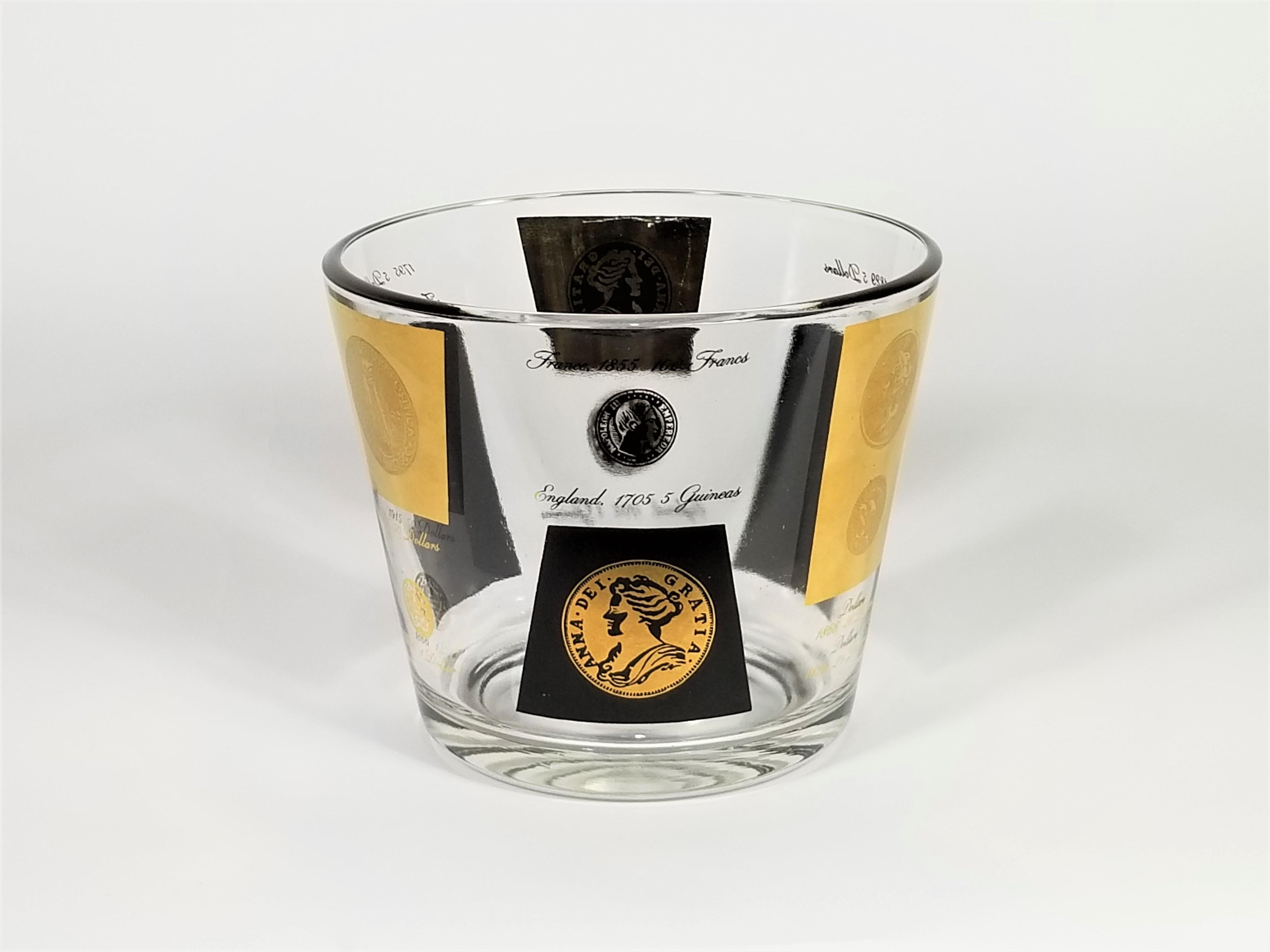 1960s midcentury signed Cera 22-karat ice bucket barware with black and gold coin design. Other marching pieces available.