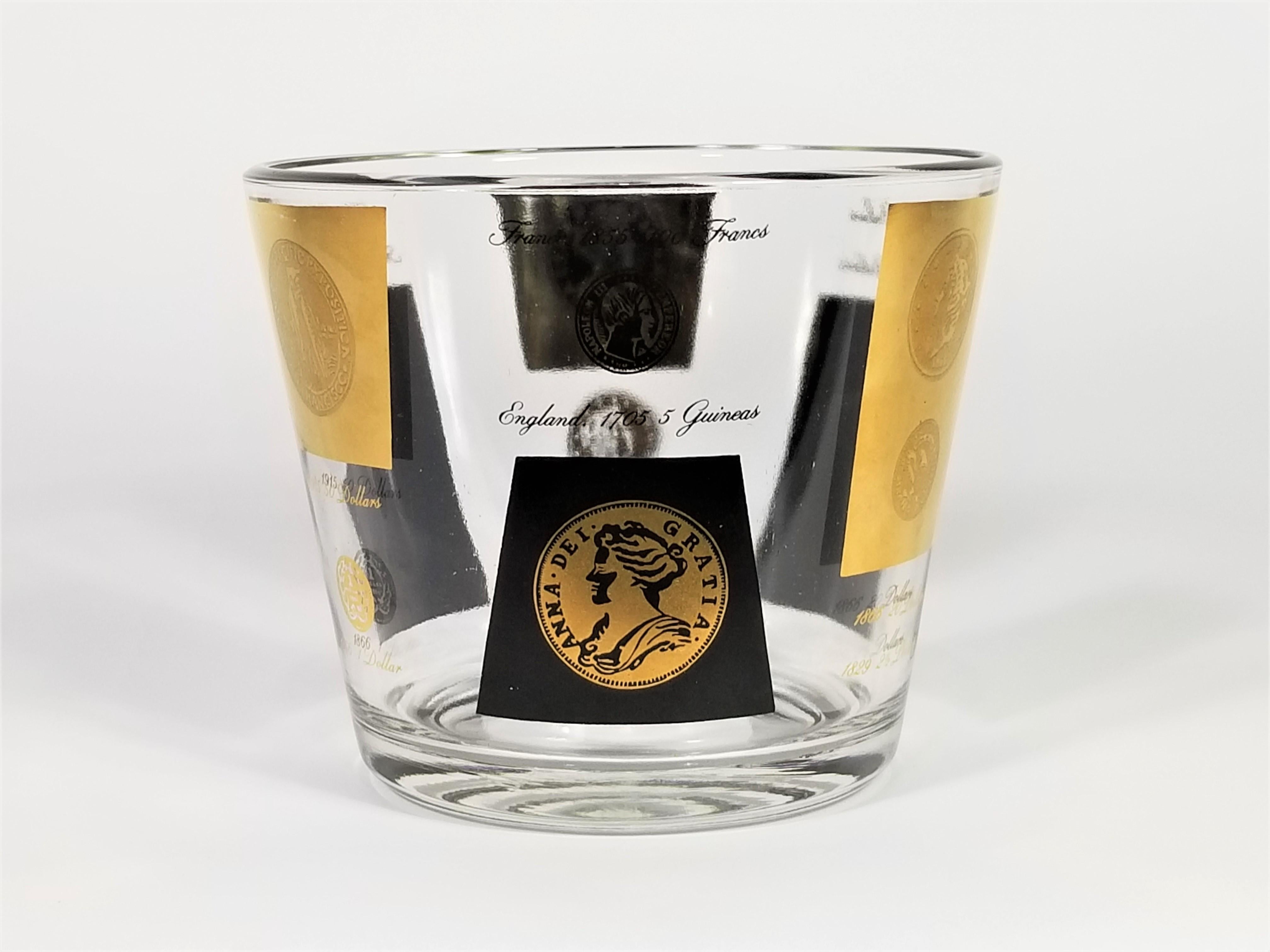 Mid-Century Modern Cera 22-Karat Gold Signed Ice Bucket Barware 1960s Midcentury Coin Design