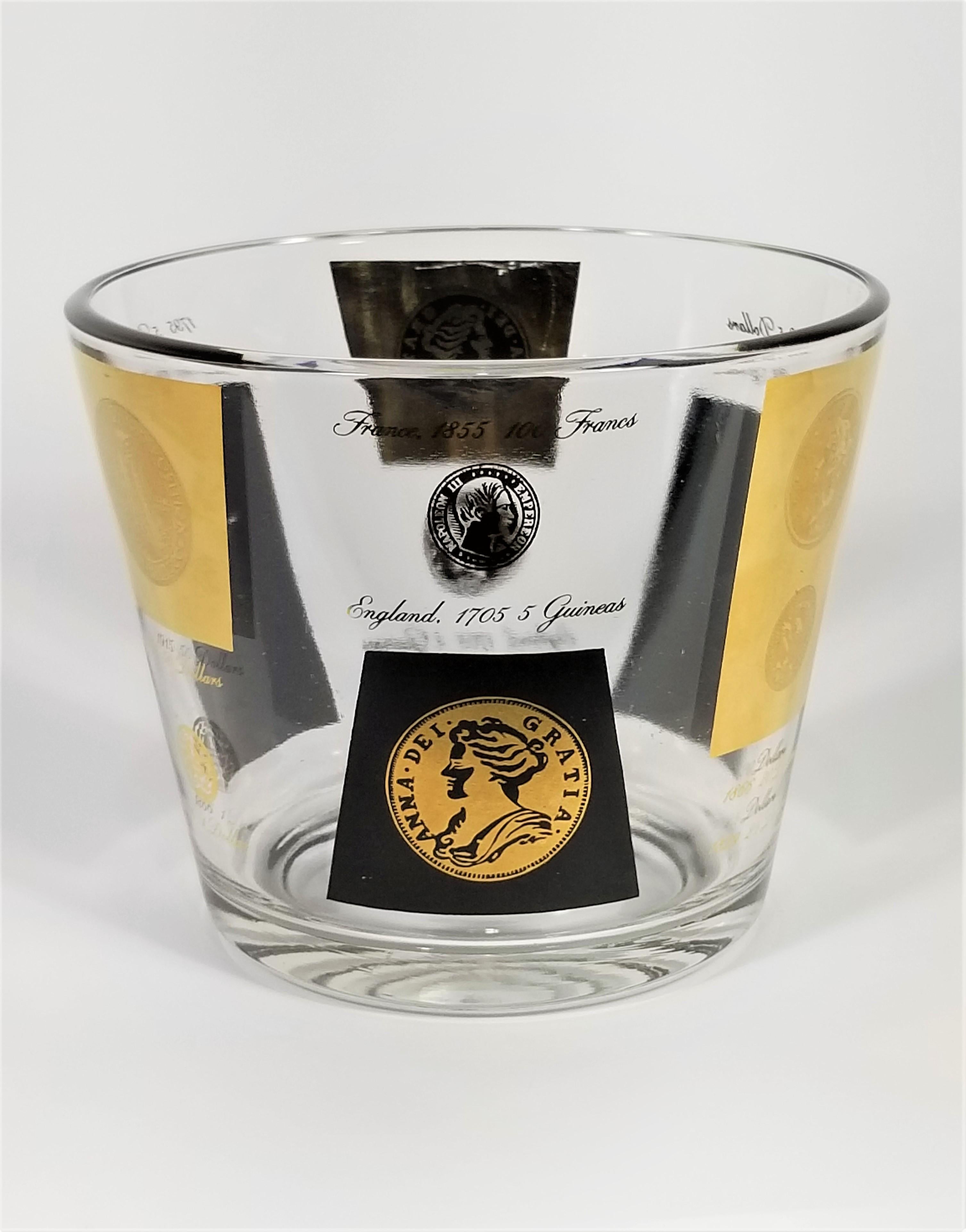Cera 22-Karat Gold Signed Ice Bucket Barware 1960s Midcentury Coin Design In Good Condition In New York, NY