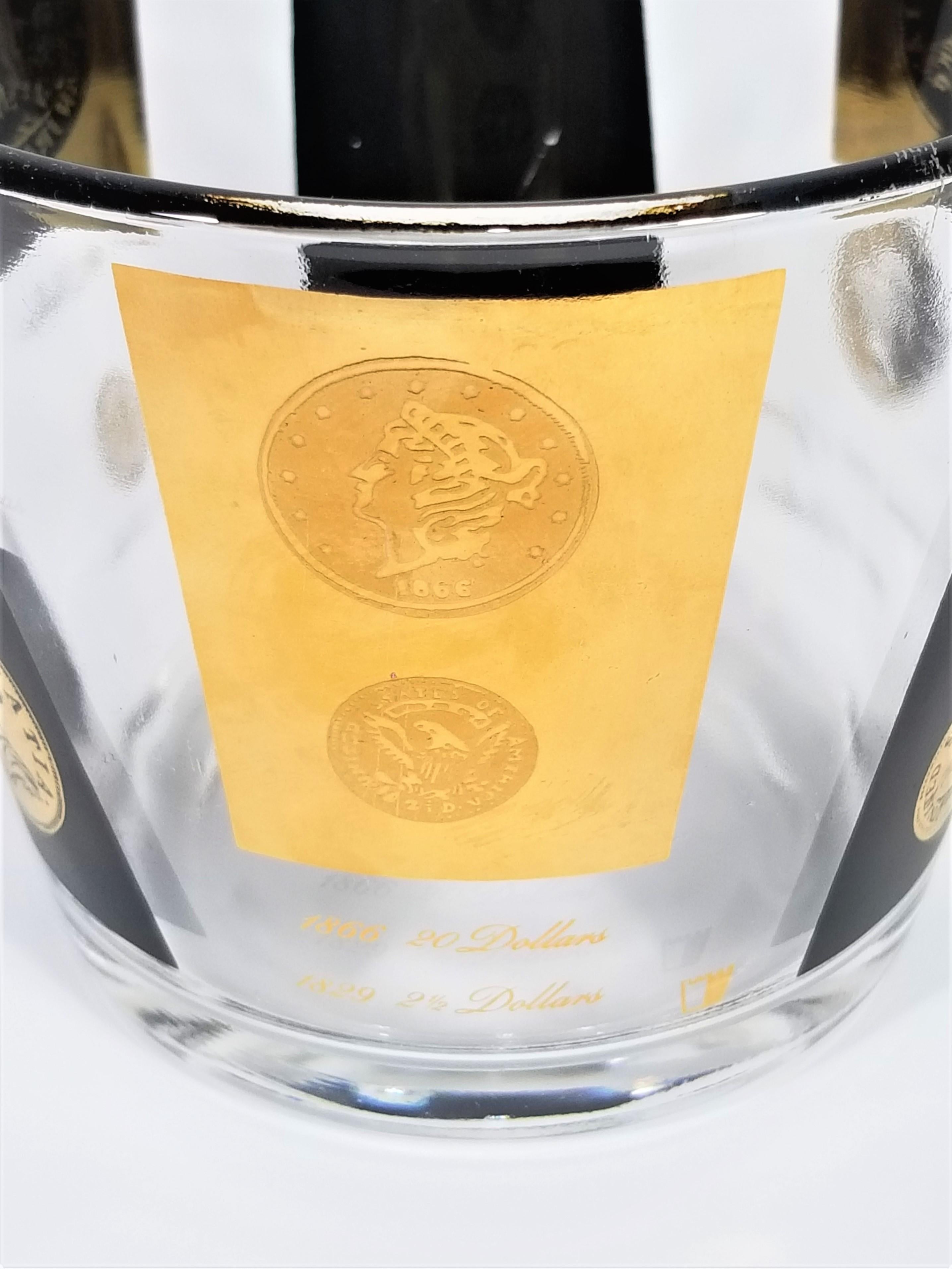 Glass Cera 22-Karat Gold Signed Ice Bucket Barware 1960s Midcentury Coin Design
