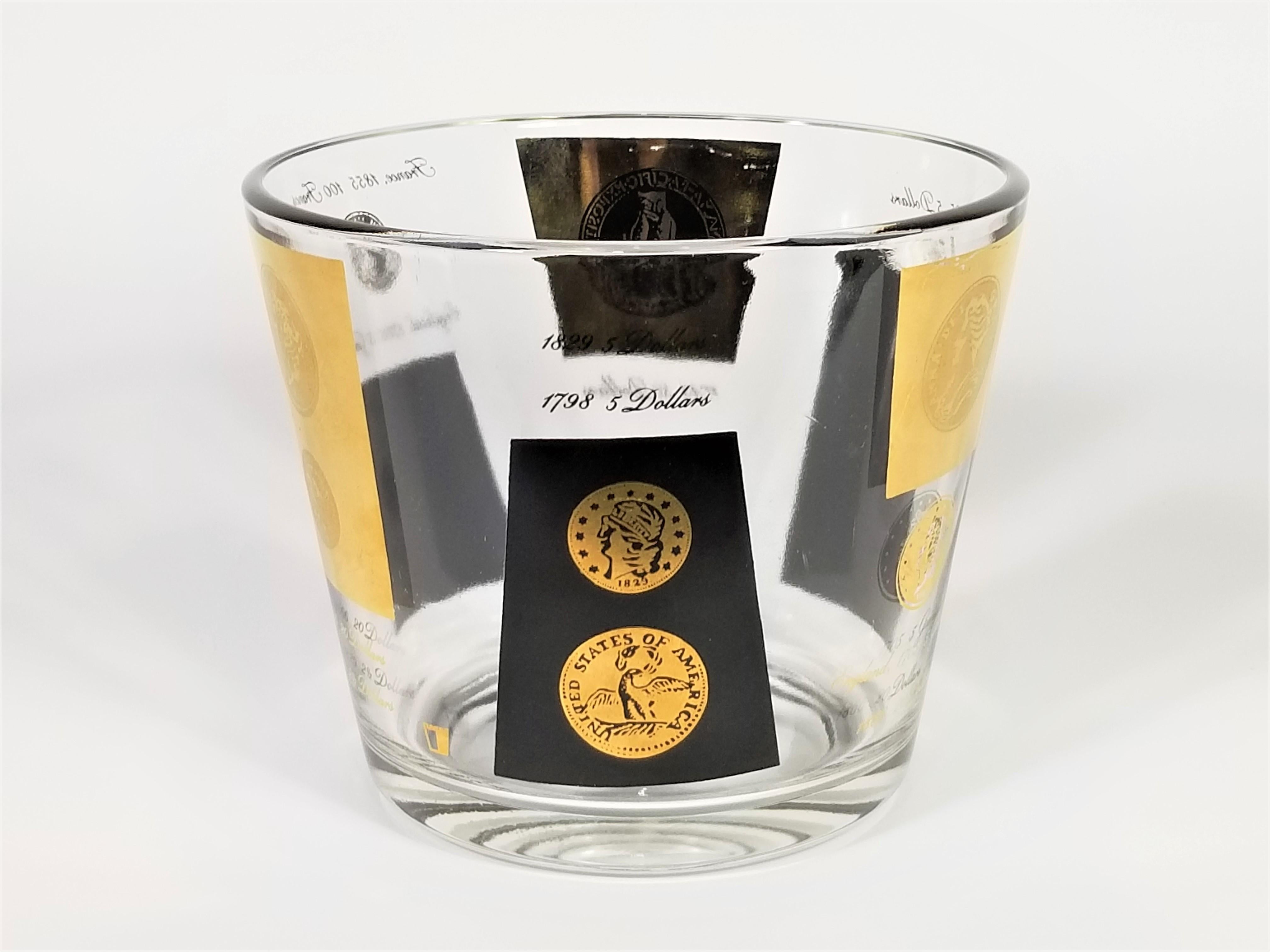 Cera 22-Karat Gold Signed Ice Bucket Barware 1960s Midcentury Coin Design 1