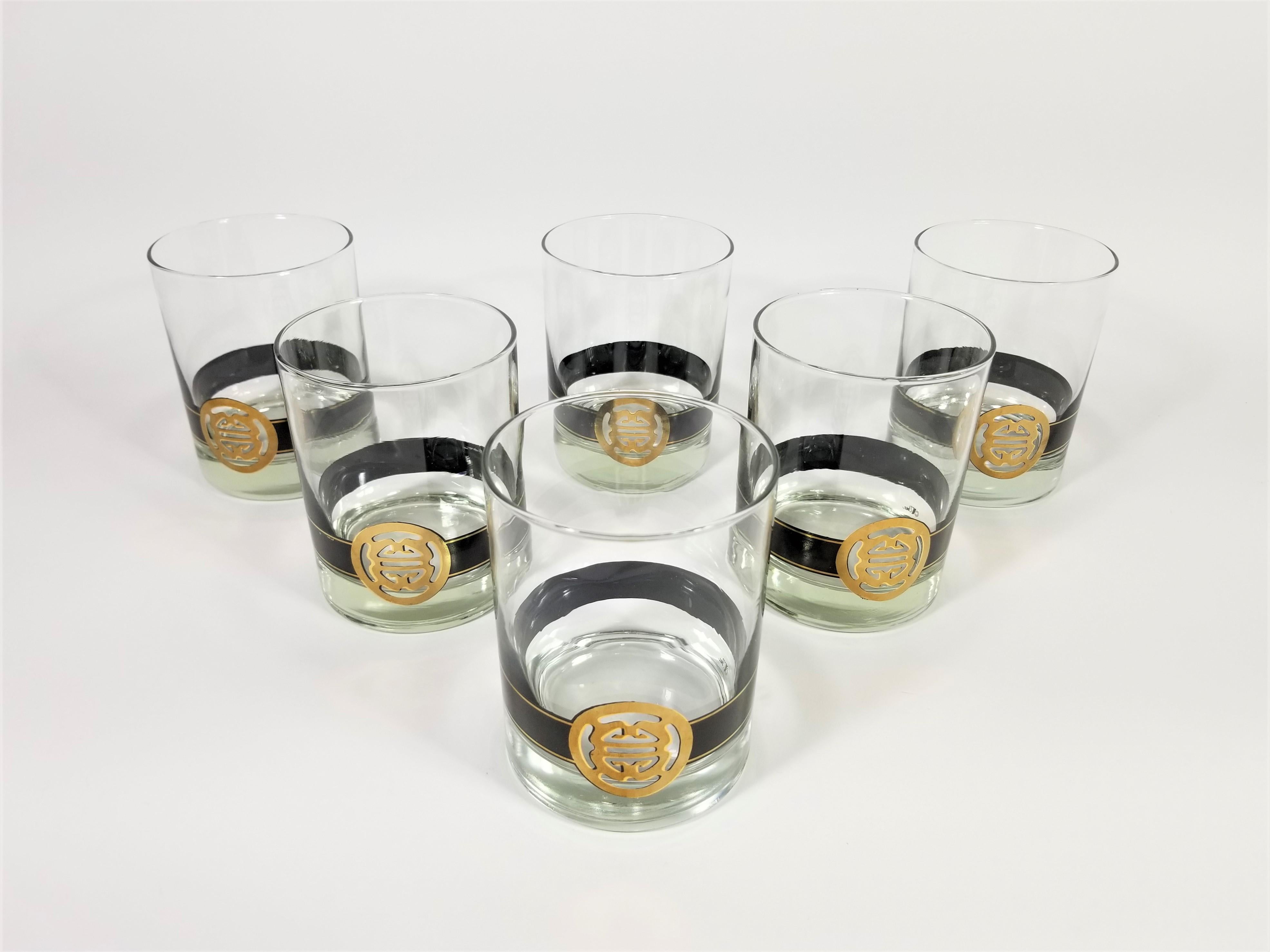 Cera 22K Gold Mid Century Double Old Fashioned Glassware Barware Set of 6 For Sale 8