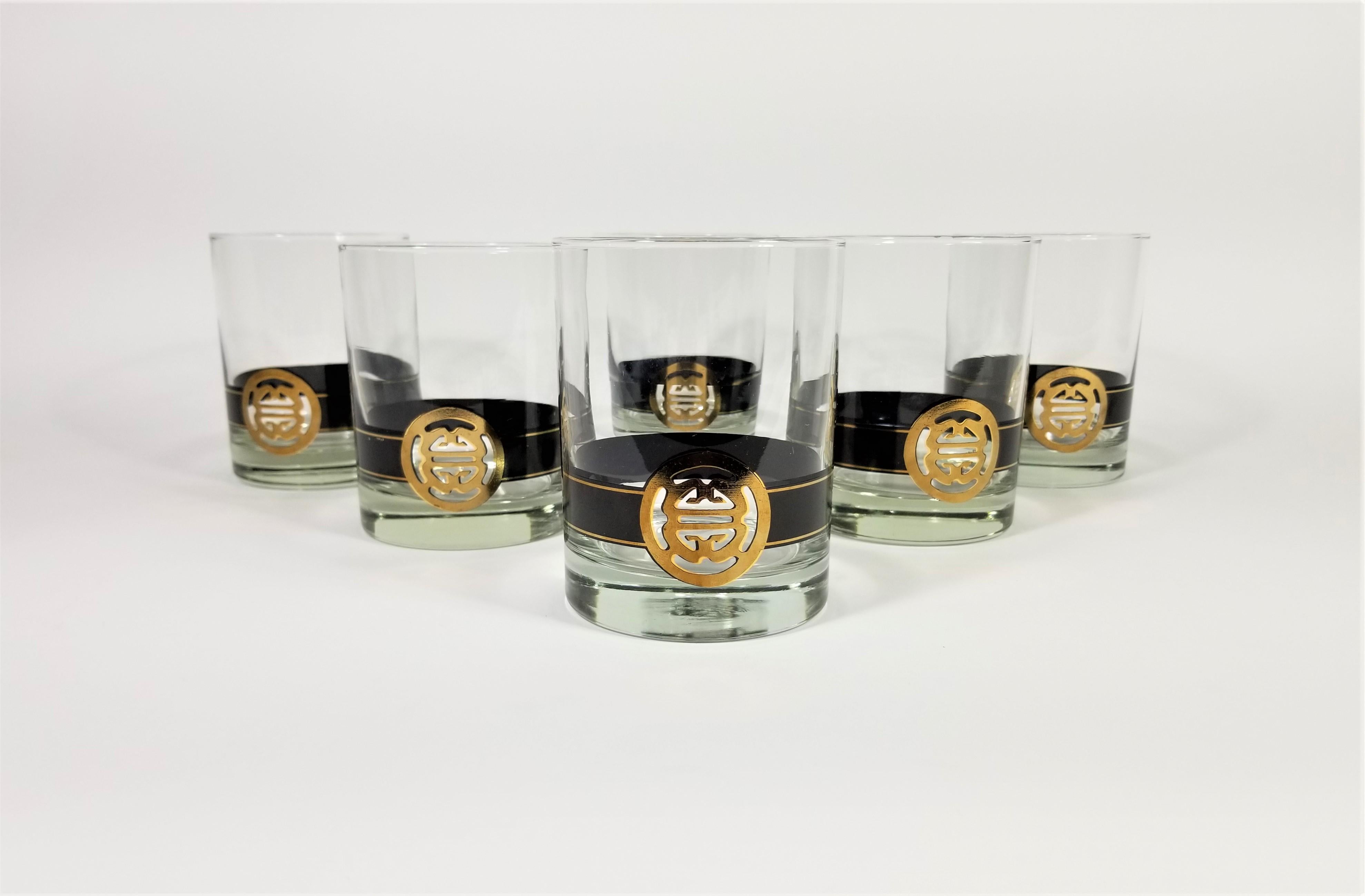 Mid Century Cera 22K Gold Glassware Barware. Black and Gold. Set of 6. All glasses are Signed Cera and in Excellent Condition. 
