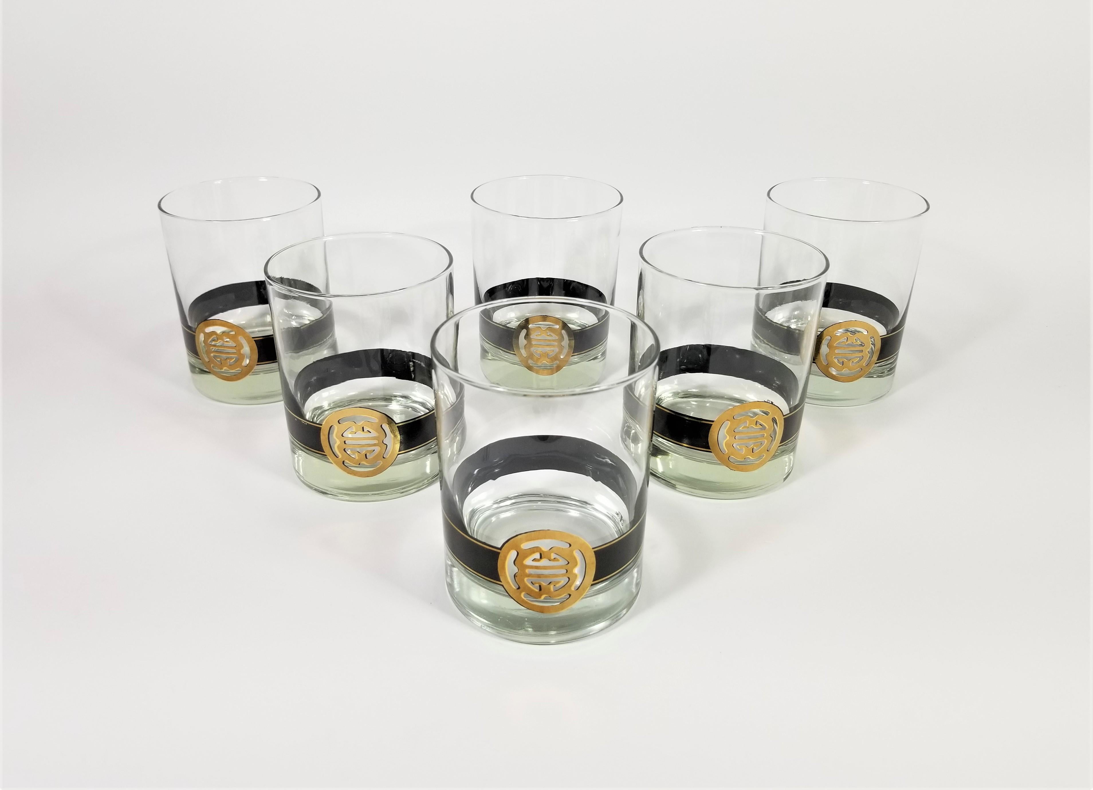 Cera 22K Gold Mid Century Double Old Fashioned Glassware Barware Set of 6 In Excellent Condition For Sale In New York, NY