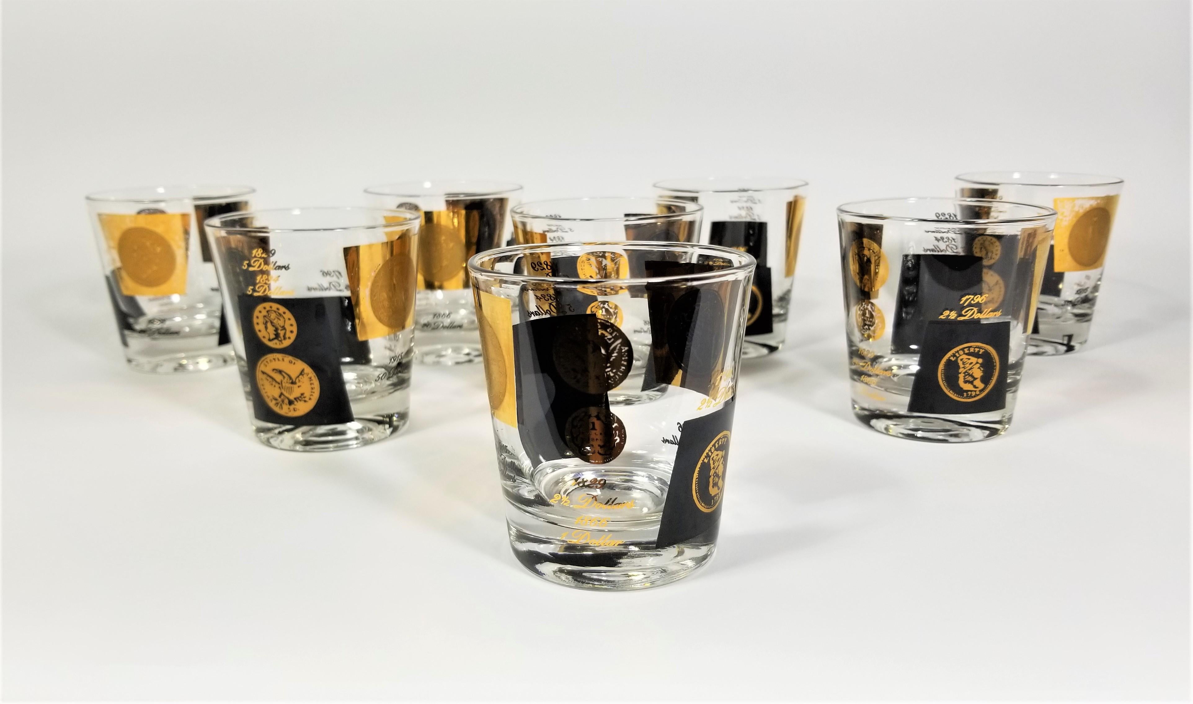 1960s Mid century Cera 22K gold and black rocks cocktail whiskey glassware barware. Cera Currency Collection. All glasses are Marked Cera. An excellent addition to any table setting home bar or bar cart. Set of 8.
    