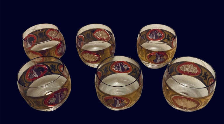 Cera Engraved/Stained Gold Rolly Polly Clear Glasses For Sale at 1stDibs