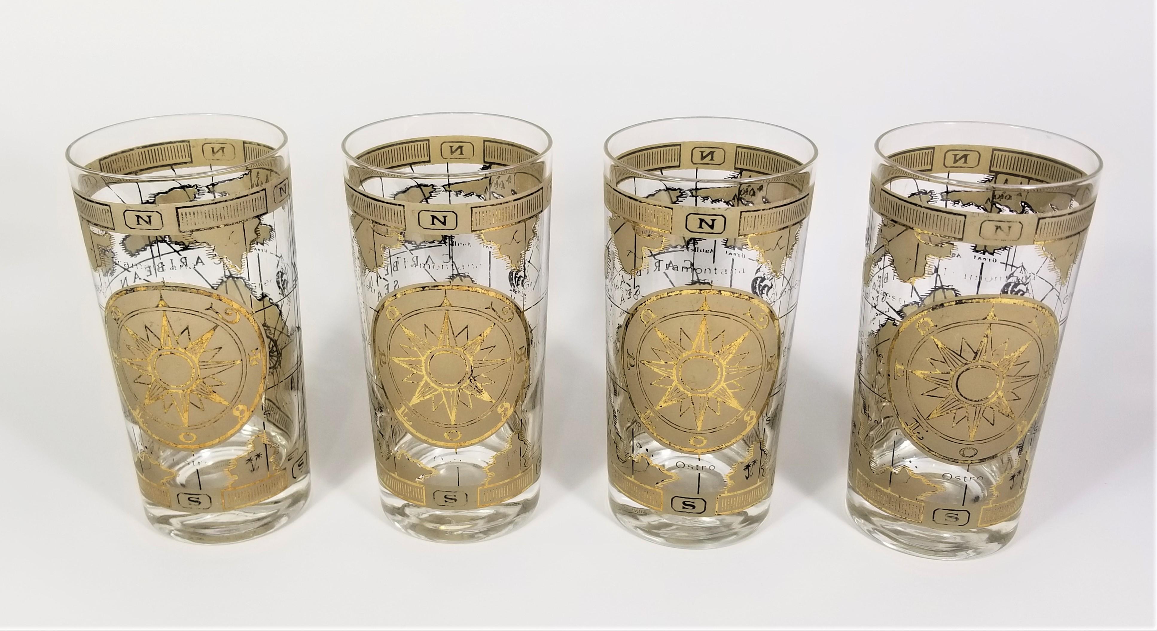 Mid Century 1970s Cera Glassware Barware. Old World Map Design. Set of 4.