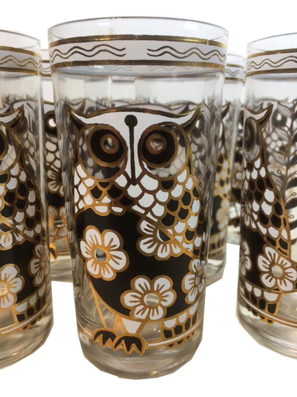 Enameled Cera Glassware Set of 8 Vintage Highball, Flower/Owl, Midcentury Barware