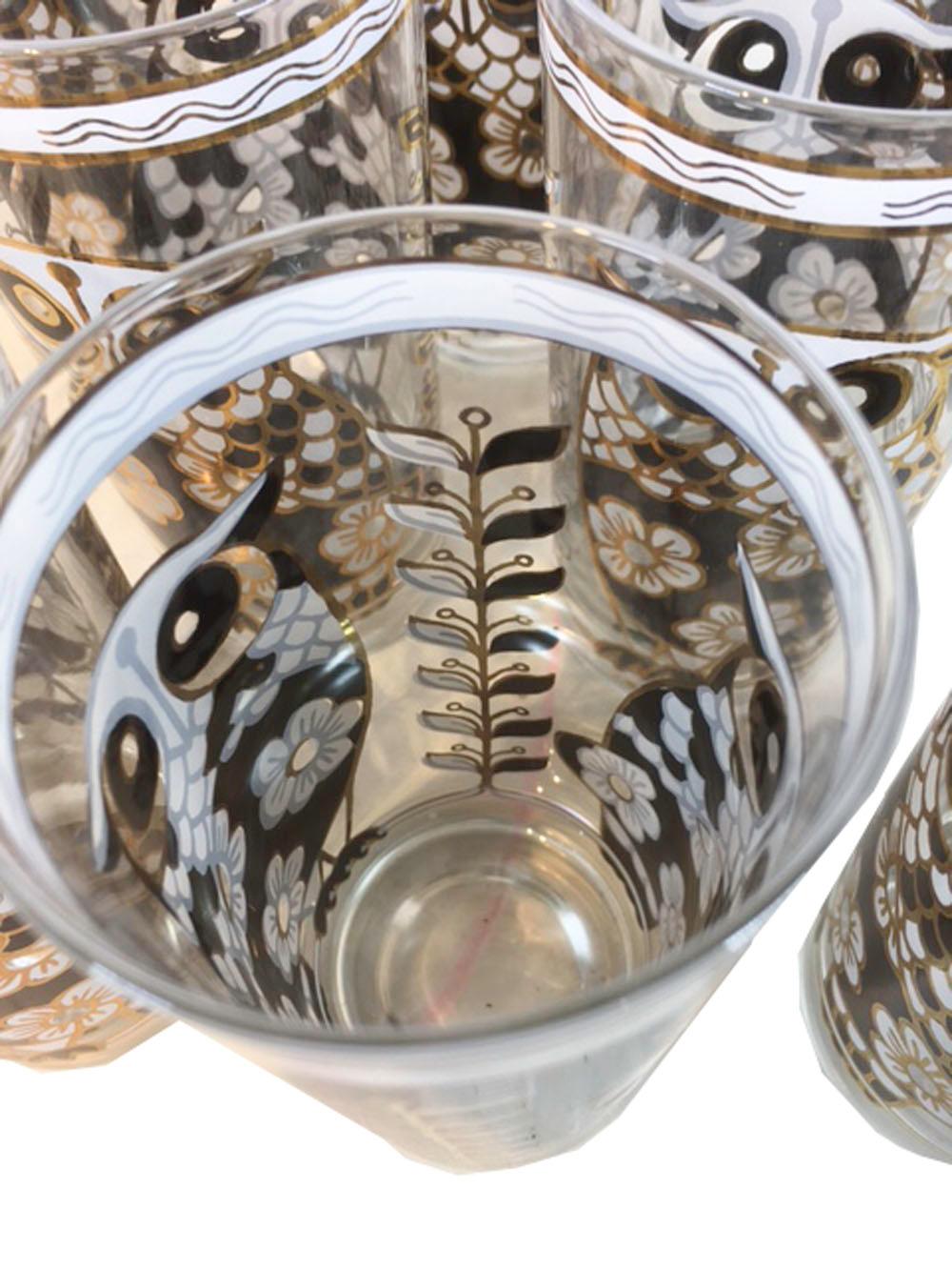 Cera Glassware Set of 8 Vintage Highball, Flower/Owl, Midcentury Barware In Good Condition In Nantucket, MA