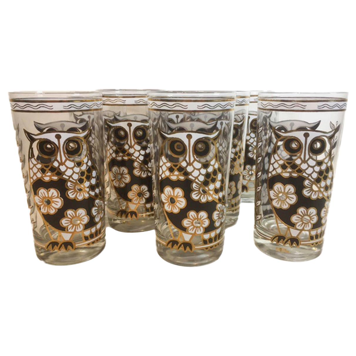 Cera Glassware Set of 8 Vintage Highball, Flower/Owl, Midcentury Barware