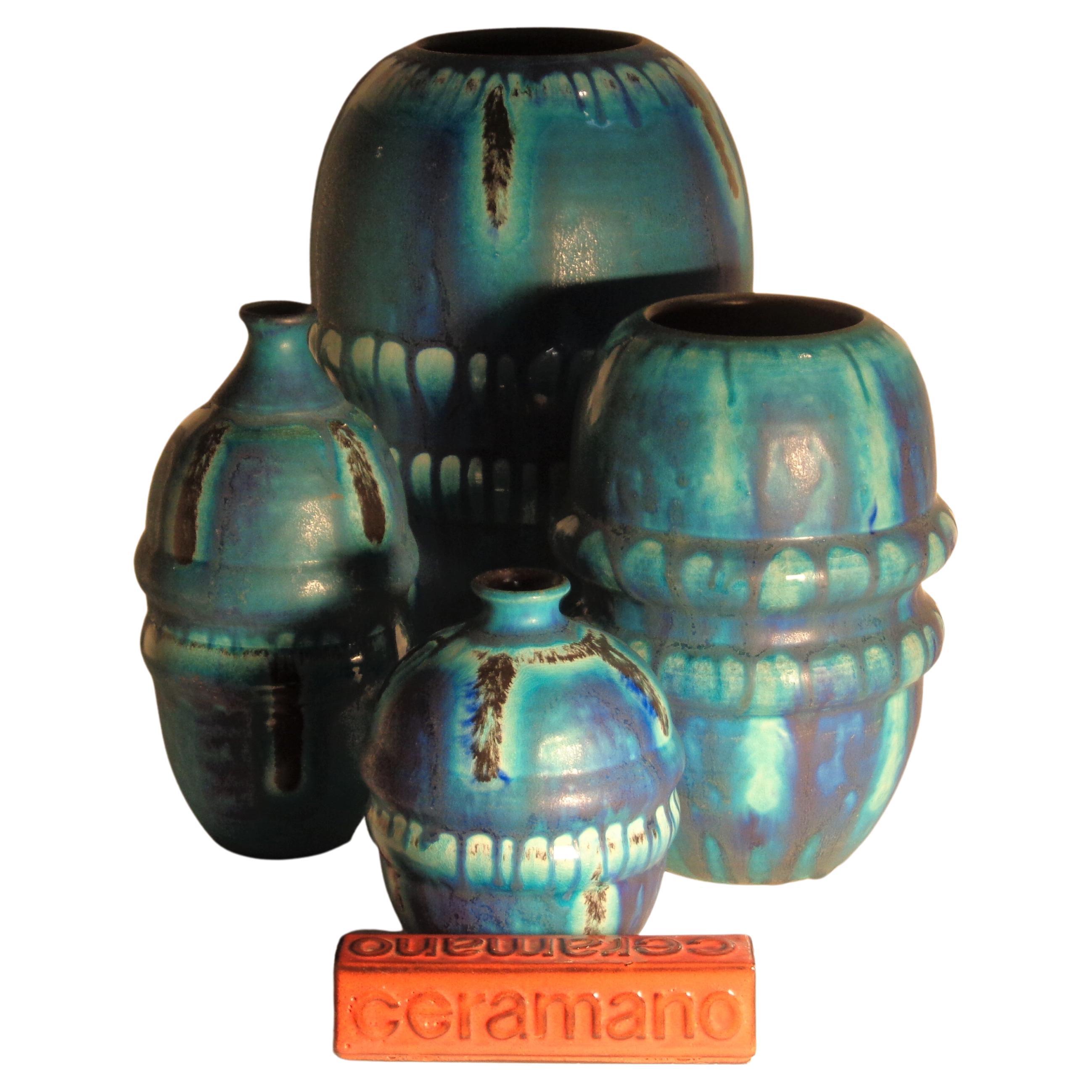 Ceramano Riviera Cerulean Blue Glaze Art Pottery Group, Germany 1960's 2