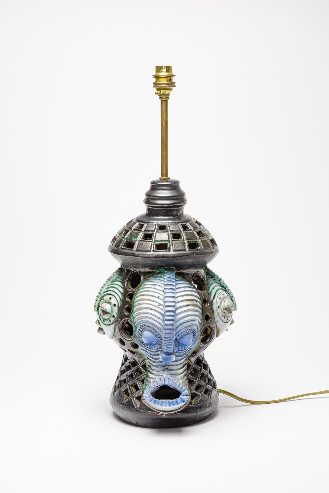 Beaux Arts Ceramic Africanist  table lamp with  glazed decoration, circa 1960-1970 For Sale