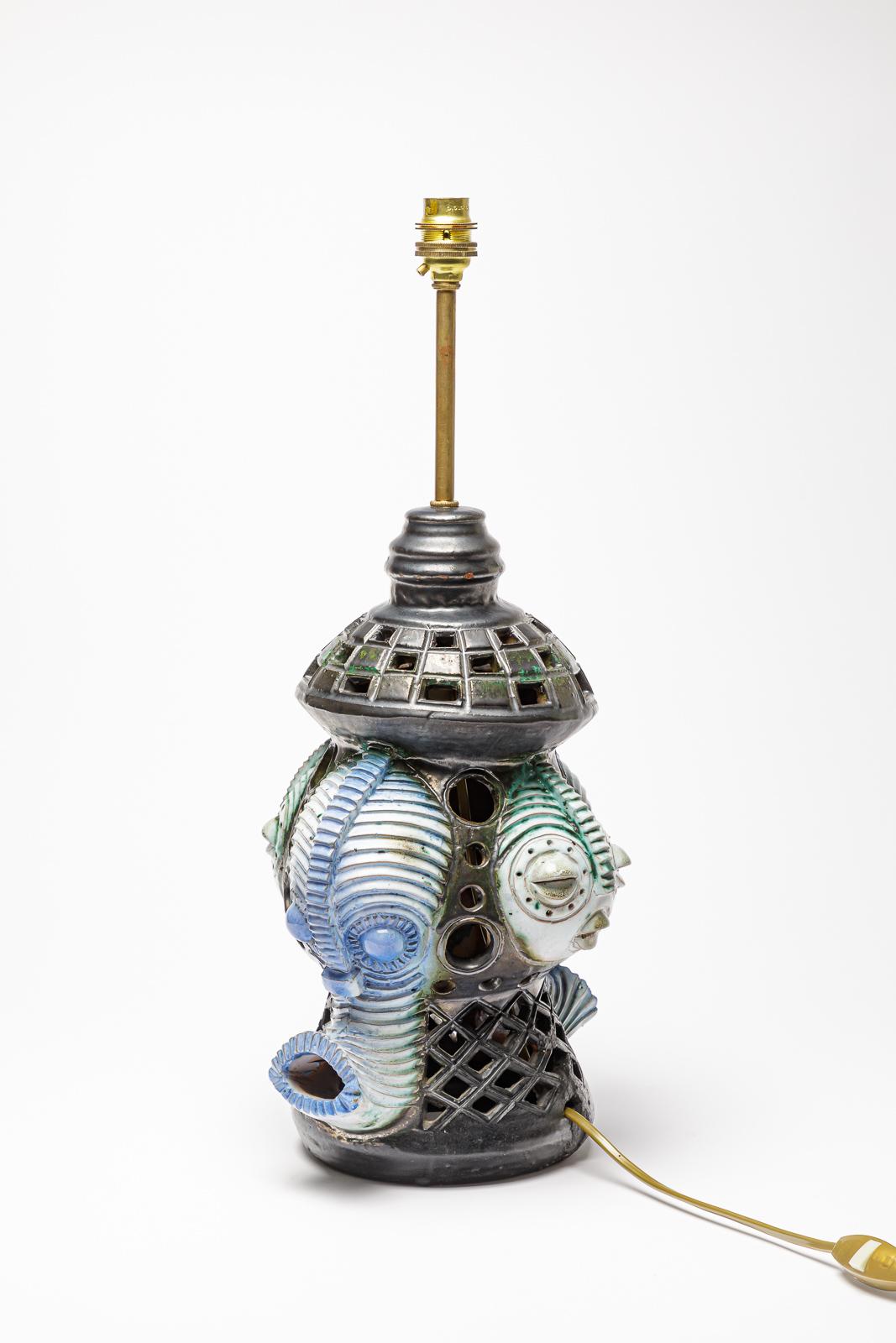 French Ceramic Africanist  table lamp with  glazed decoration, circa 1960-1970 For Sale