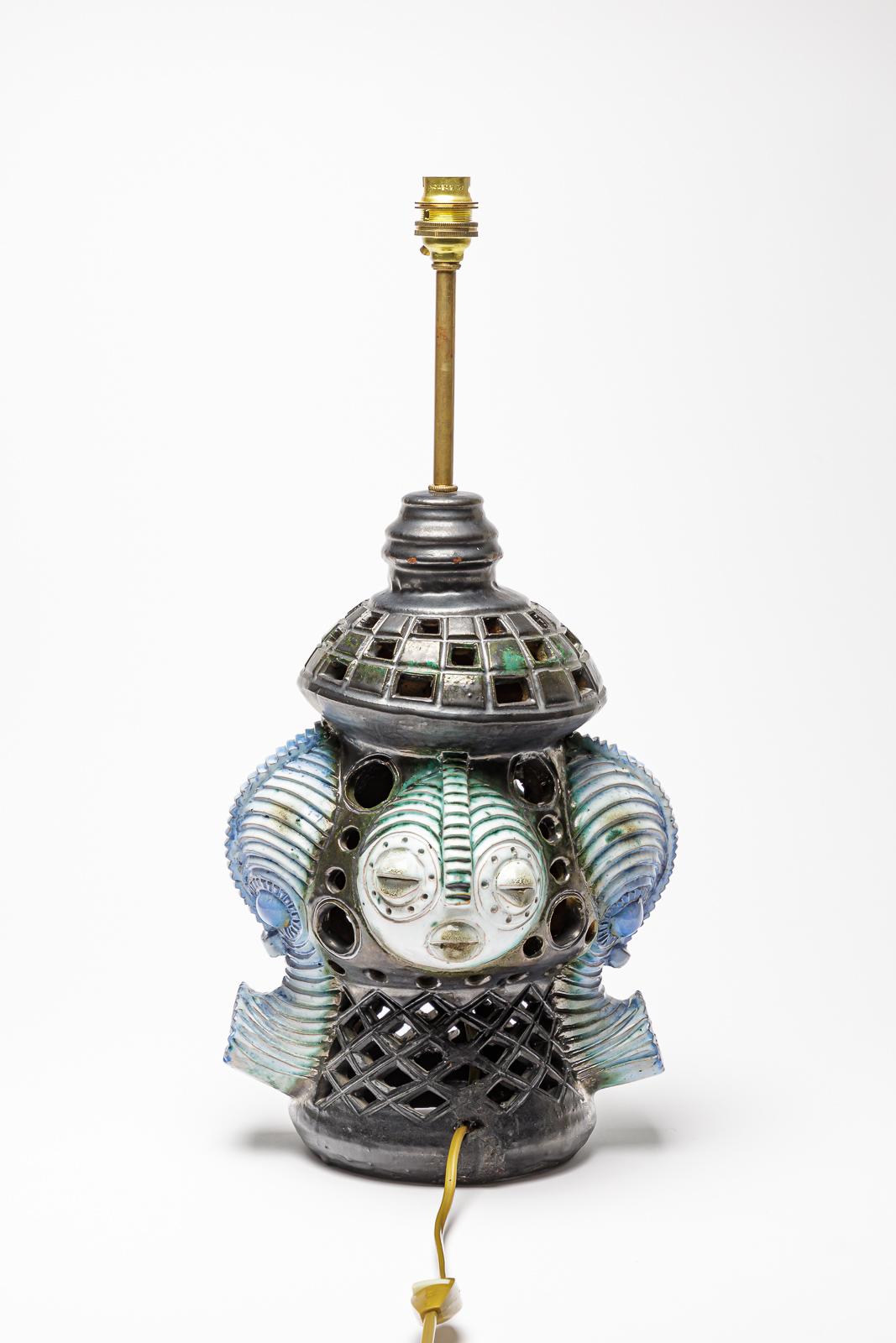 Ceramic Africanist  table lamp with  glazed decoration, circa 1960-1970 In Excellent Condition For Sale In Saint-Ouen, FR