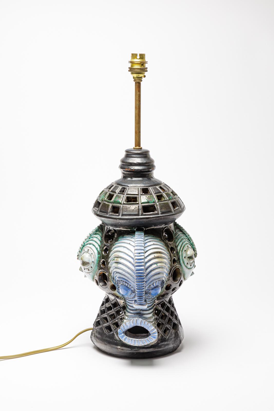 Keramischer Afrikanist  Tischlampe mit  glasierte Dekoration, ca. 1960-1970 (20. Jahrhundert) im Angebot