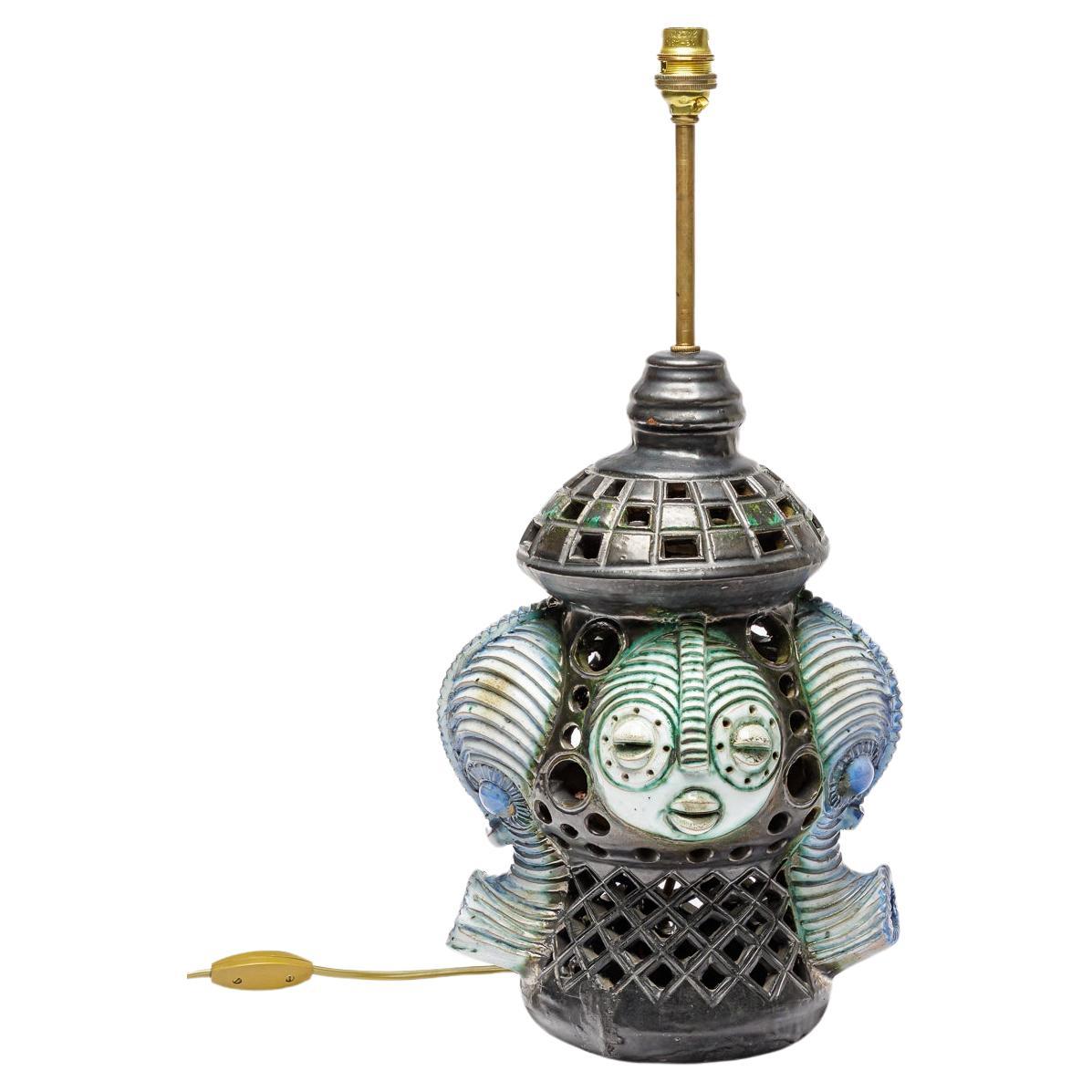 Ceramic Africanist  table lamp with  glazed decoration, circa 1960-1970 For Sale