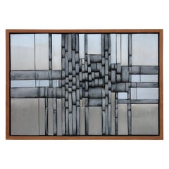 Plaster and Aluminum Wall Sculpture with Pine Frame Vintage Plaster and Aluminum Wall Sculpture with Pine Frame