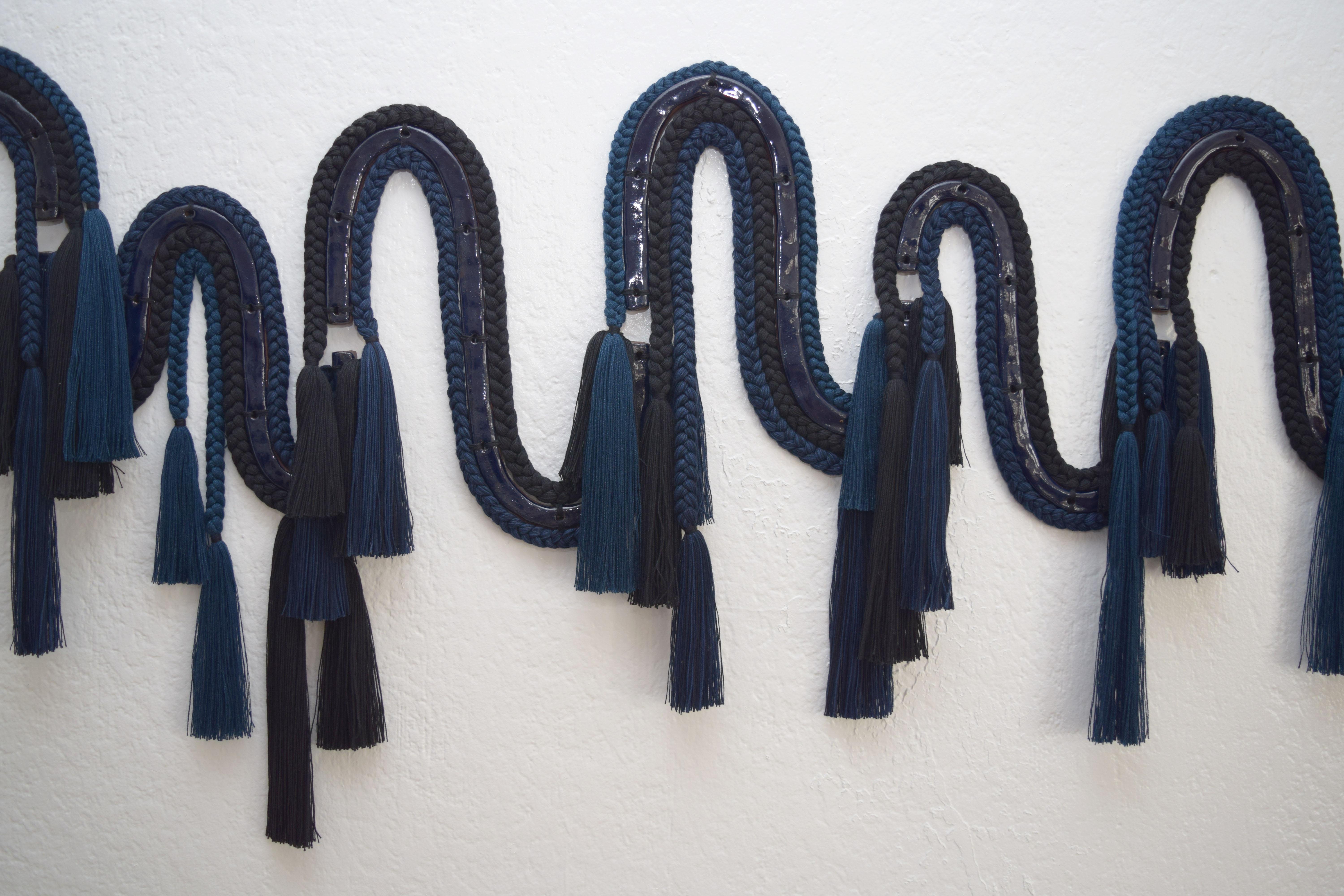 Hand-Crafted Ceramic and Braided Cotton/Tencel 7-Panel Wall Sculpture in Navy/Black - 60