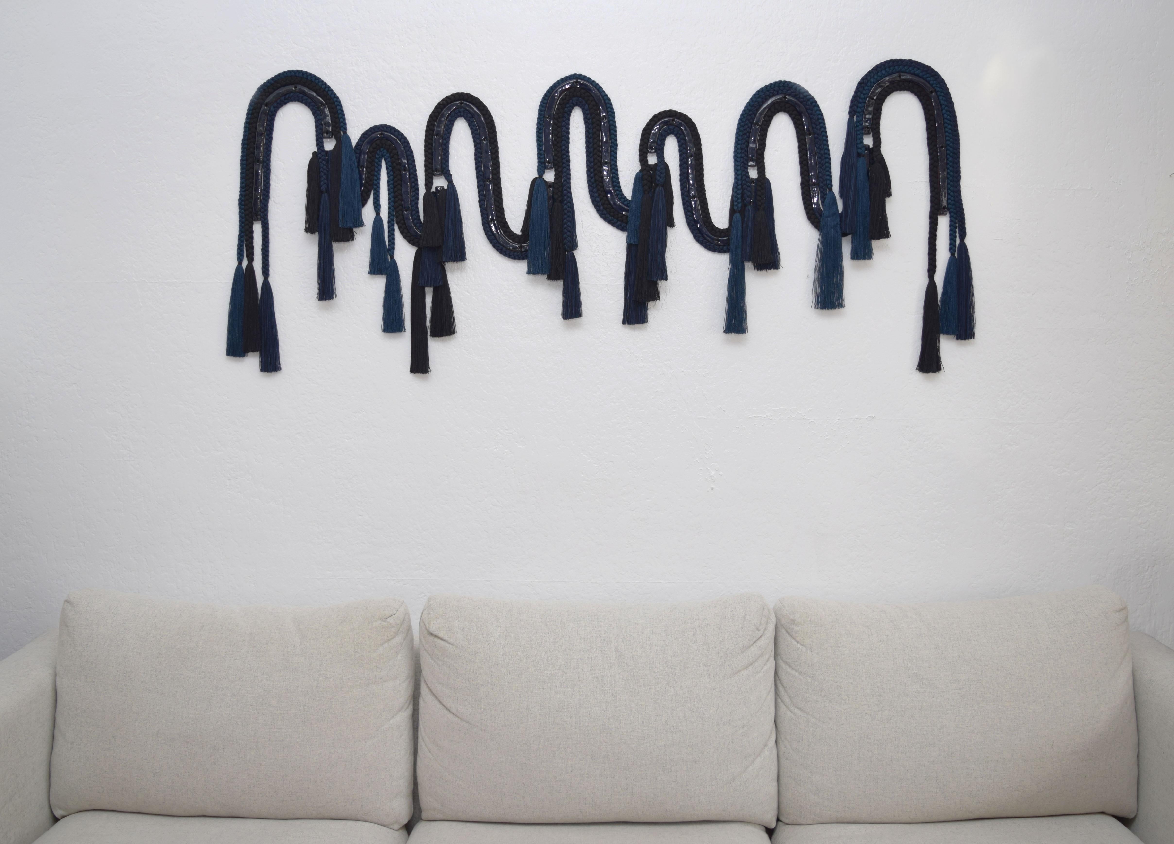 Contemporary Ceramic and Braided Cotton/Tencel 7-Panel Wall Sculpture in Navy/Black - 60