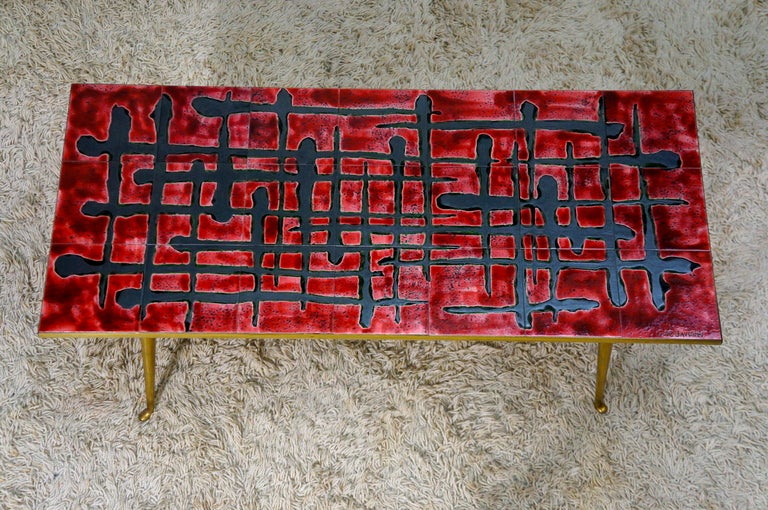 Mid-Century Modern Ceramic and Brass Coffee Table  For Sale