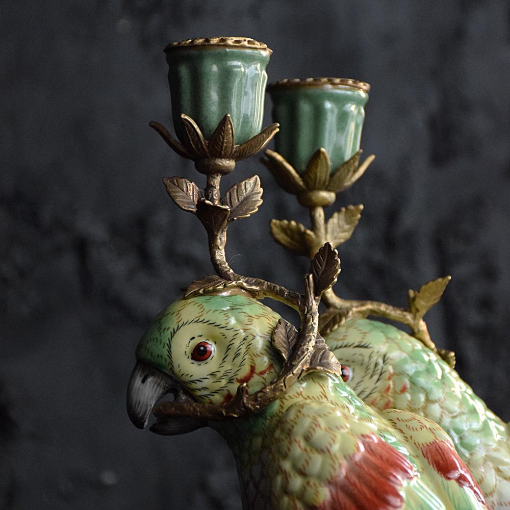 Ceramic and Brass Parrot Candle Sticks In Good Condition In London, GB