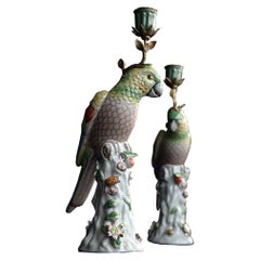 Antique Ceramic and Brass Parrot Candle Sticks
