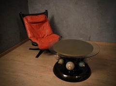 Ceramic and Brass Round Black Green and Gold Sofa Table, 1980