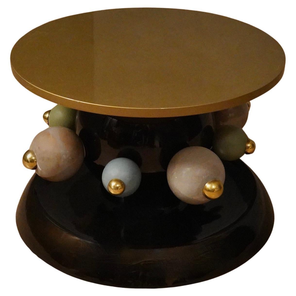 Mesa de Sofá Redonda de Cerámica y Latón Negro Verde y Dorado, 1980 en venta