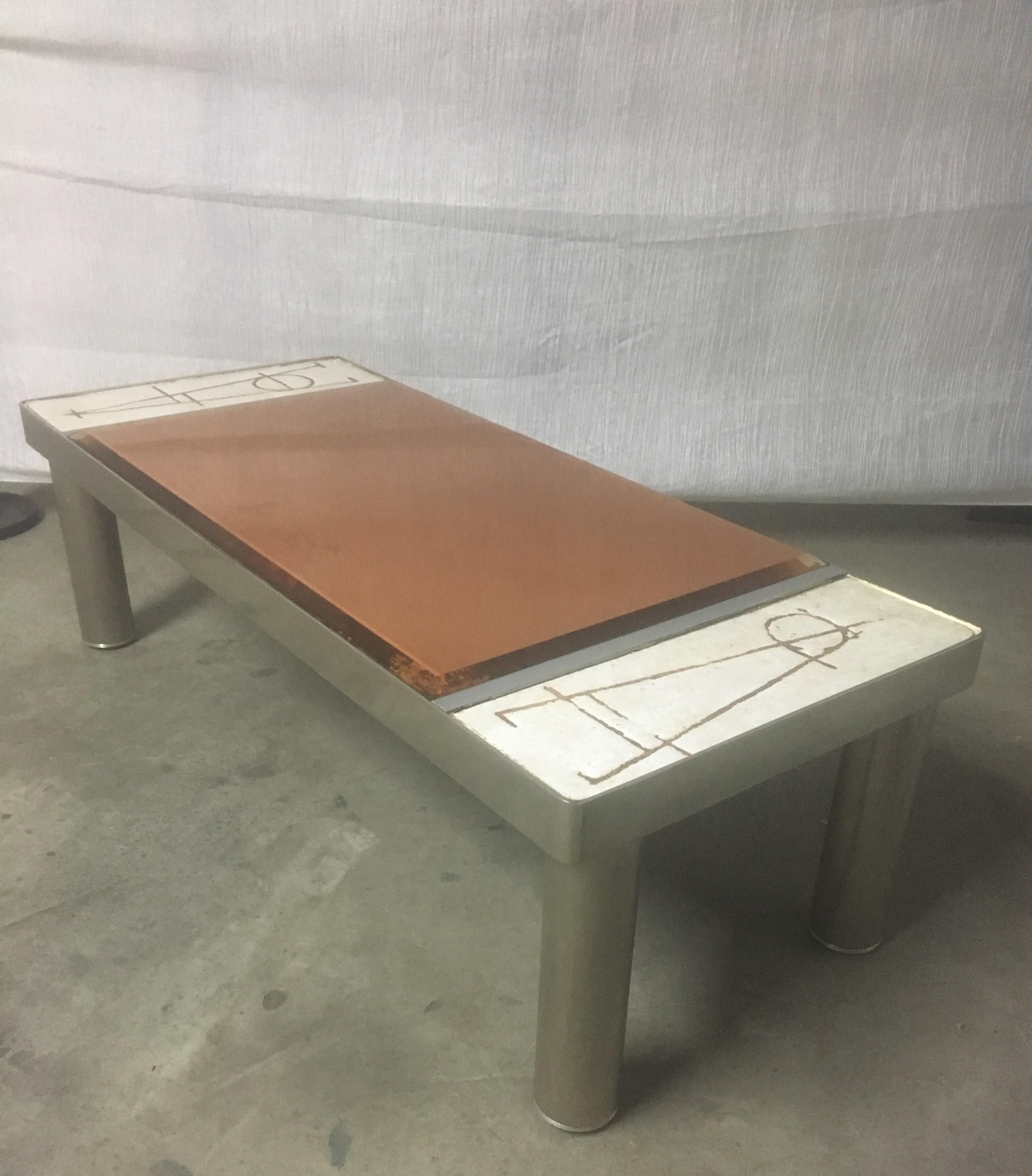 Futurist Ceramic and Chromed Metal Rectangular Coffee Table, Brown Glass Slab Top, 1970s For Sale