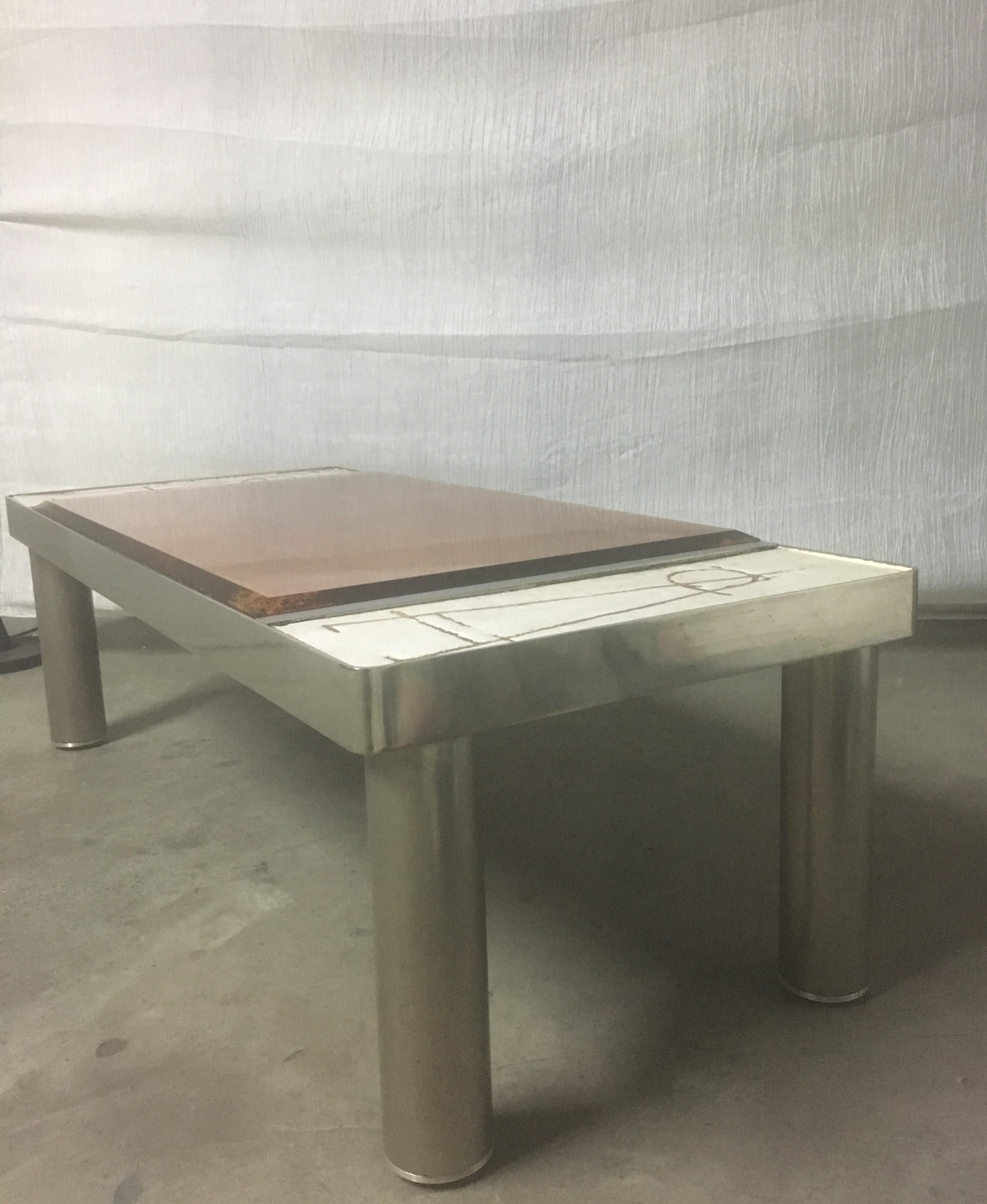 French Ceramic and Chromed Metal Rectangular Coffee Table, Brown Glass Slab Top, 1970s For Sale