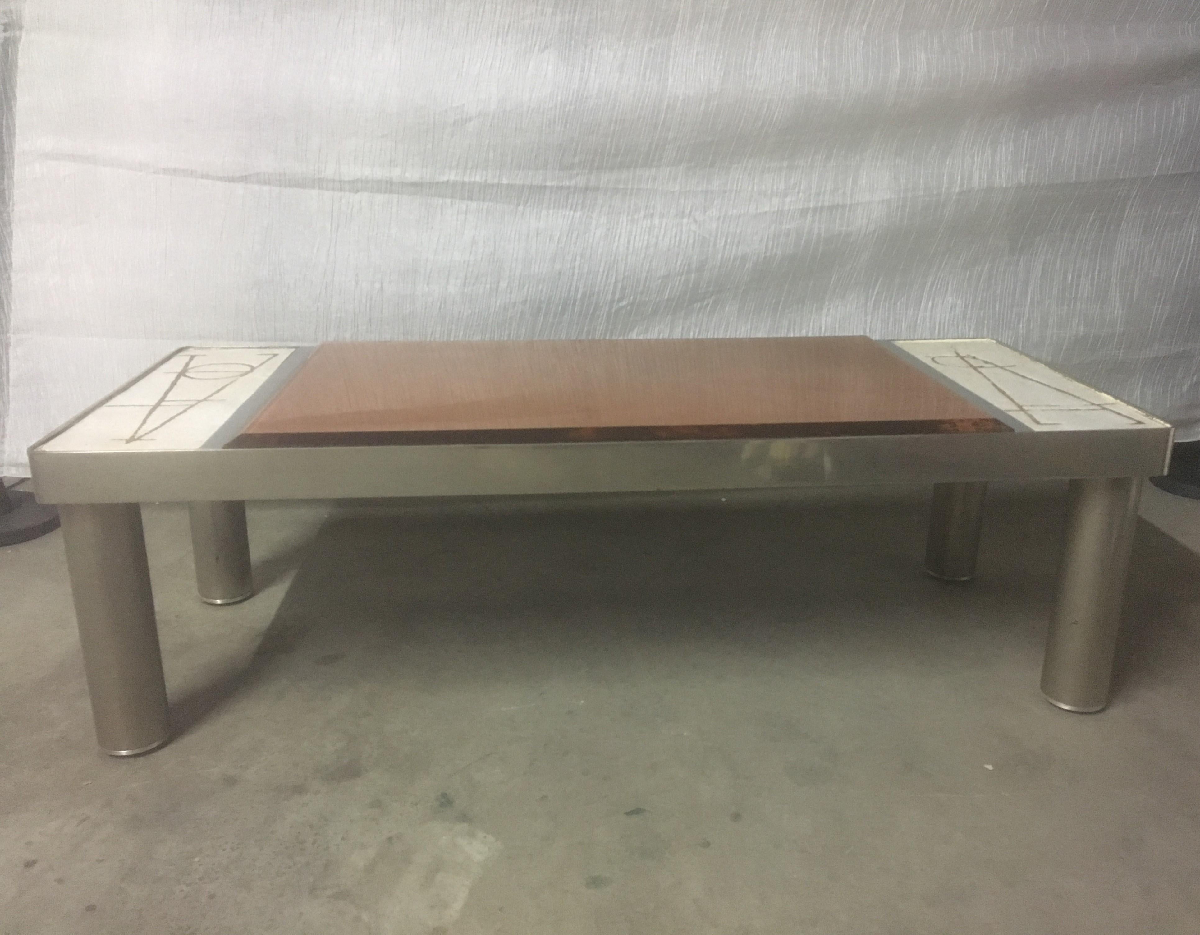 Ceramic and Chromed Metal Rectangular Coffee Table, Brown Glass Slab Top, 1970s In Good Condition For Sale In Aix En Provence, FR
