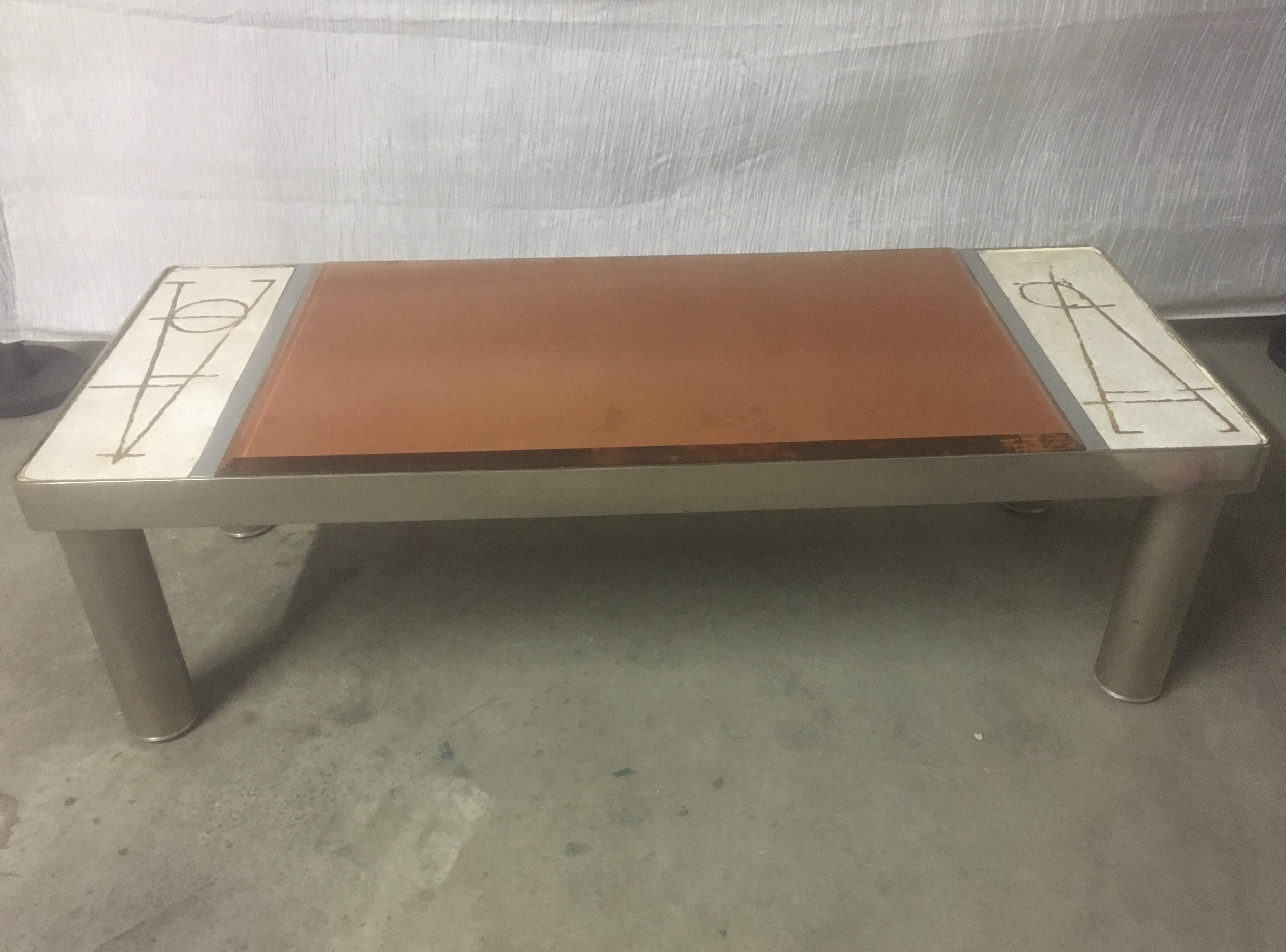 Late 20th Century Ceramic and Chromed Metal Rectangular Coffee Table, Brown Glass Slab Top, 1970s For Sale