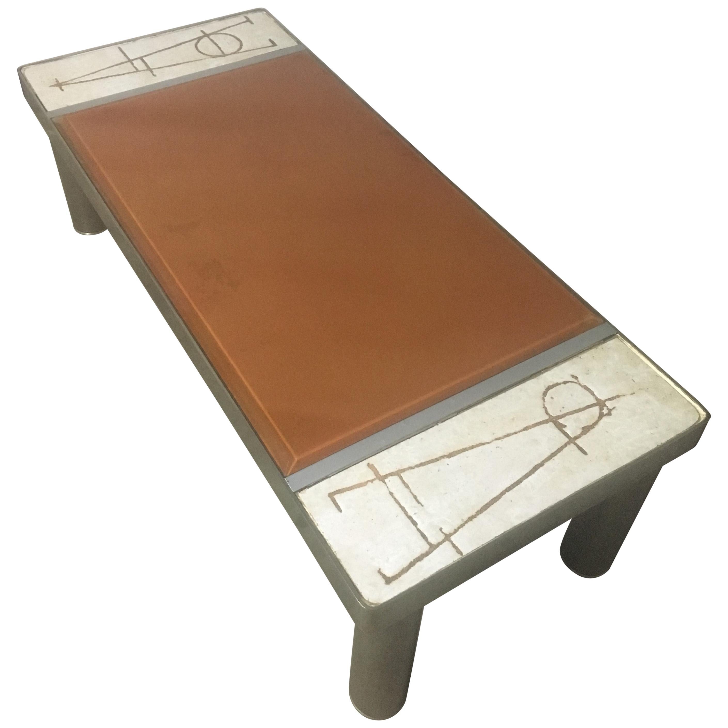 Ceramic and Chromed Metal Rectangular Coffee Table, Brown Glass Slab Top, 1970s For Sale