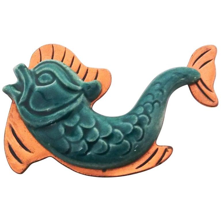 Ceramic and Copper Fish Brooch, 1960s  In Good Condition In San Francisco, CA