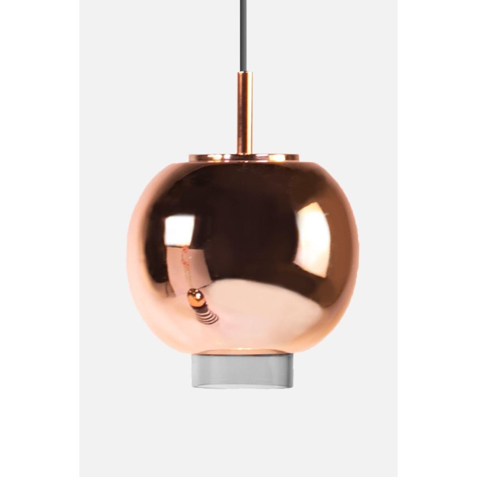 Ceramic and copper pendant light by Eric Willemart
Materials: Grey blown glass, copper glazed handcrafted ceramic
 Polished copper plating
 Light specifications: Socket E27, Bulb PARATHOM R63 (optional)
 Ceiling rose: Black painted cylinder